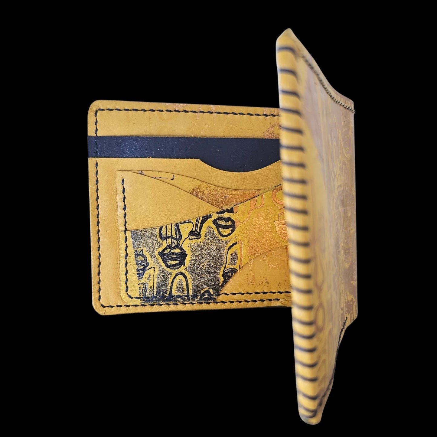 Handmade navy leather wallet with abstract faces in yellow and navy with copper reflections - AG Design, Arad, Romania