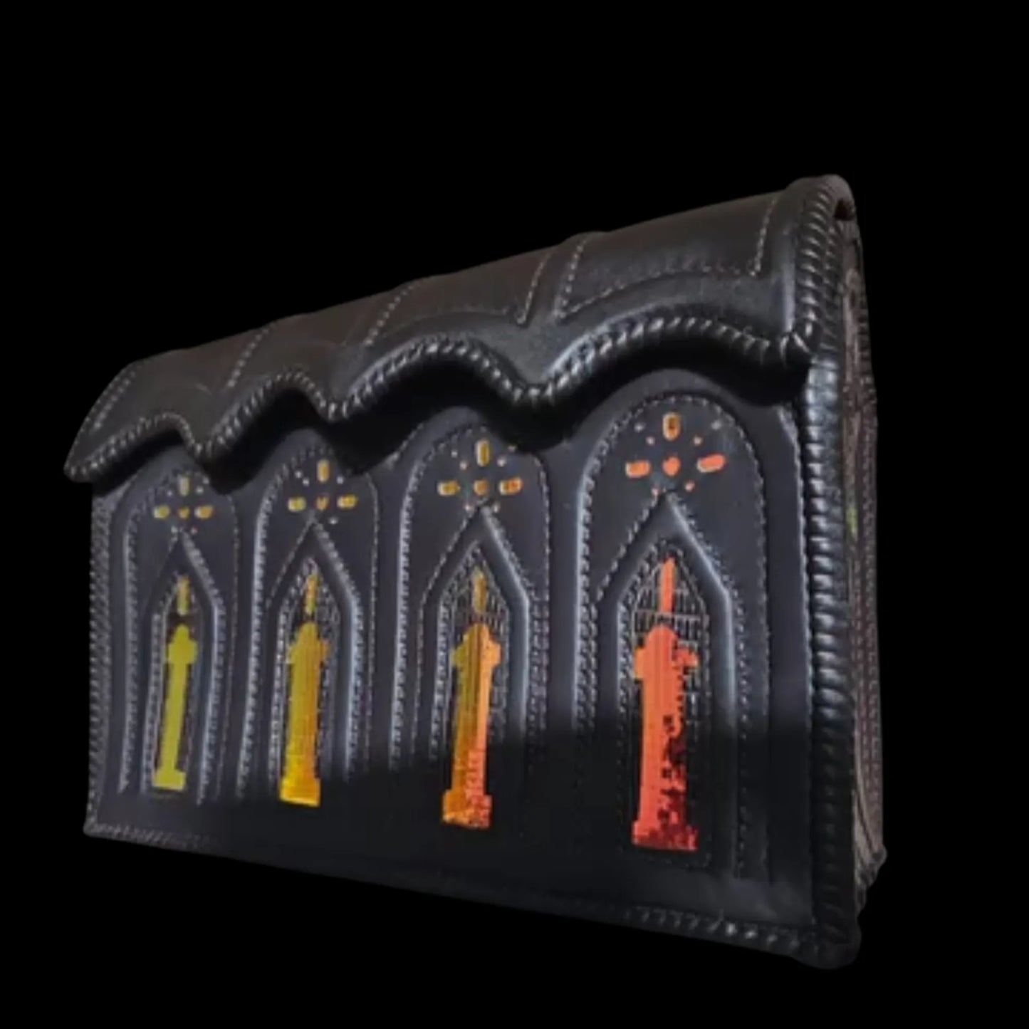 Handmade dark leather bag with embossed gothic arches and colour - AG Design, Arad, Romania