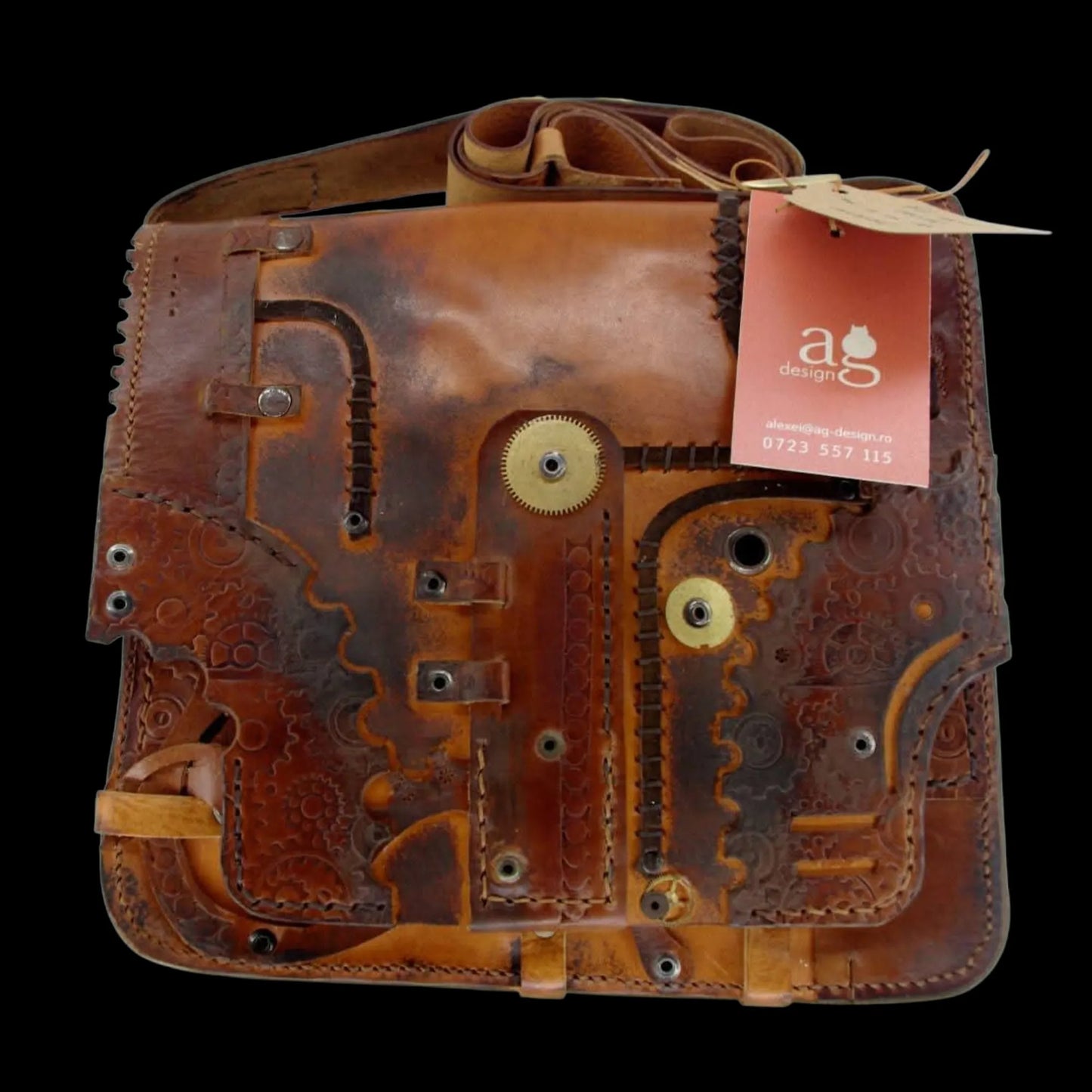 Handmade brown leather bag with embossing and studs - AG Design, Arad, Romania