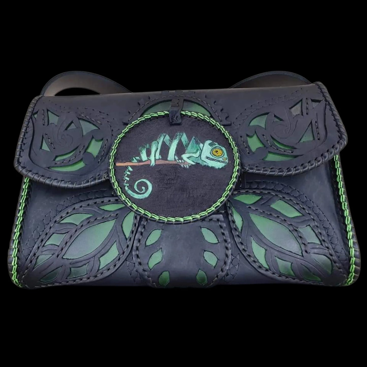 Handmade black leather bag with an embroidered chameleon and green details - AG Design, Arad, Romania