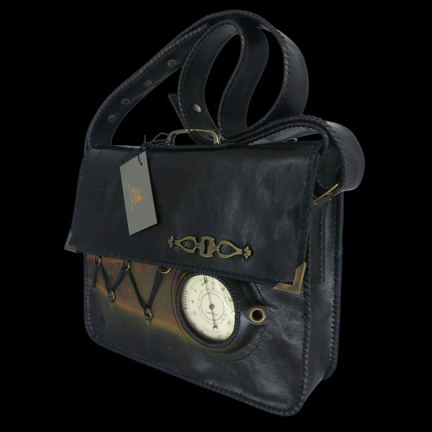 Handmade dark leather flap bag with an embossed clock motif - AG Design, Arad, Romania