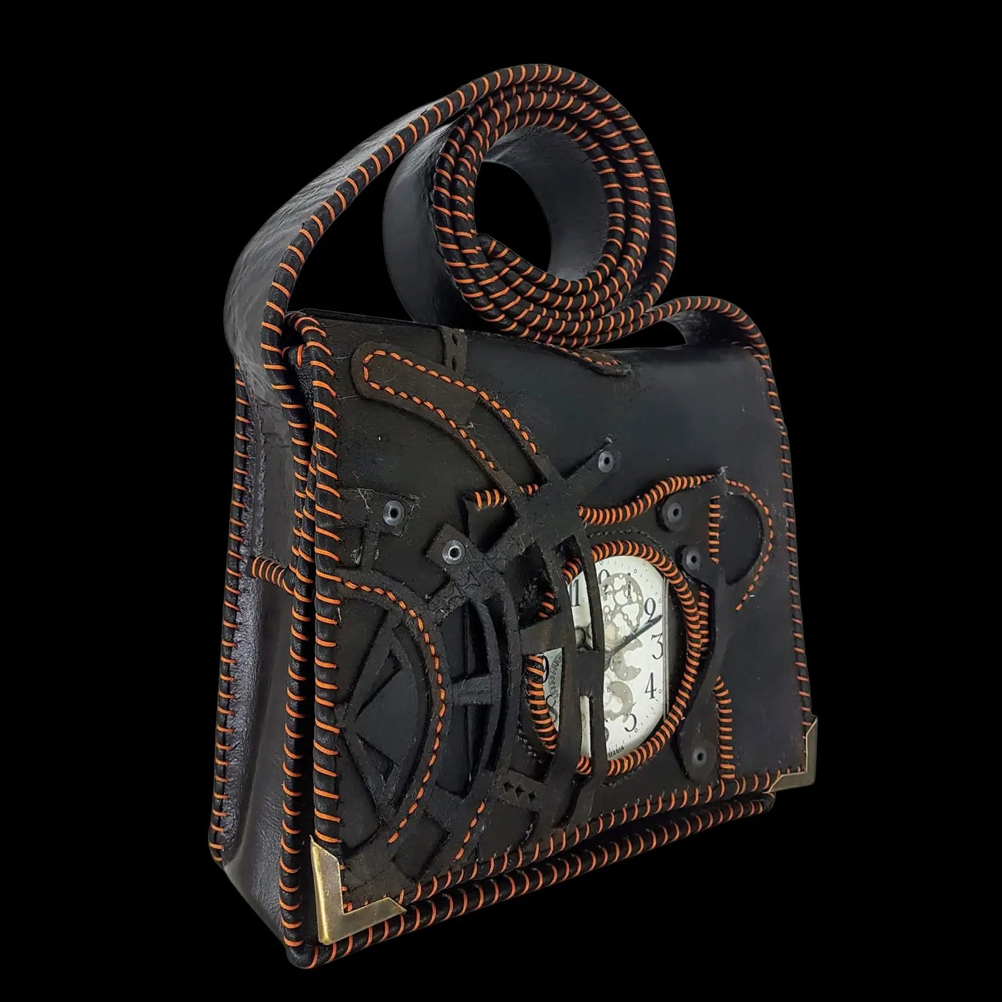 Handmade dark leather bag with a painted clock figure - AG Design, Arad, Romania