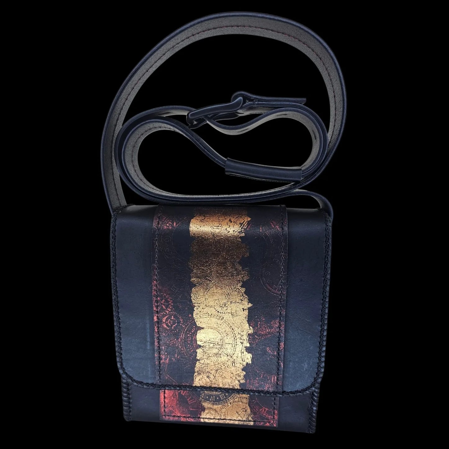 Handmade black leather shoulder bag with a red and gold clock mechanism embossed by heat and pressure - AG Design, Arad, Romania