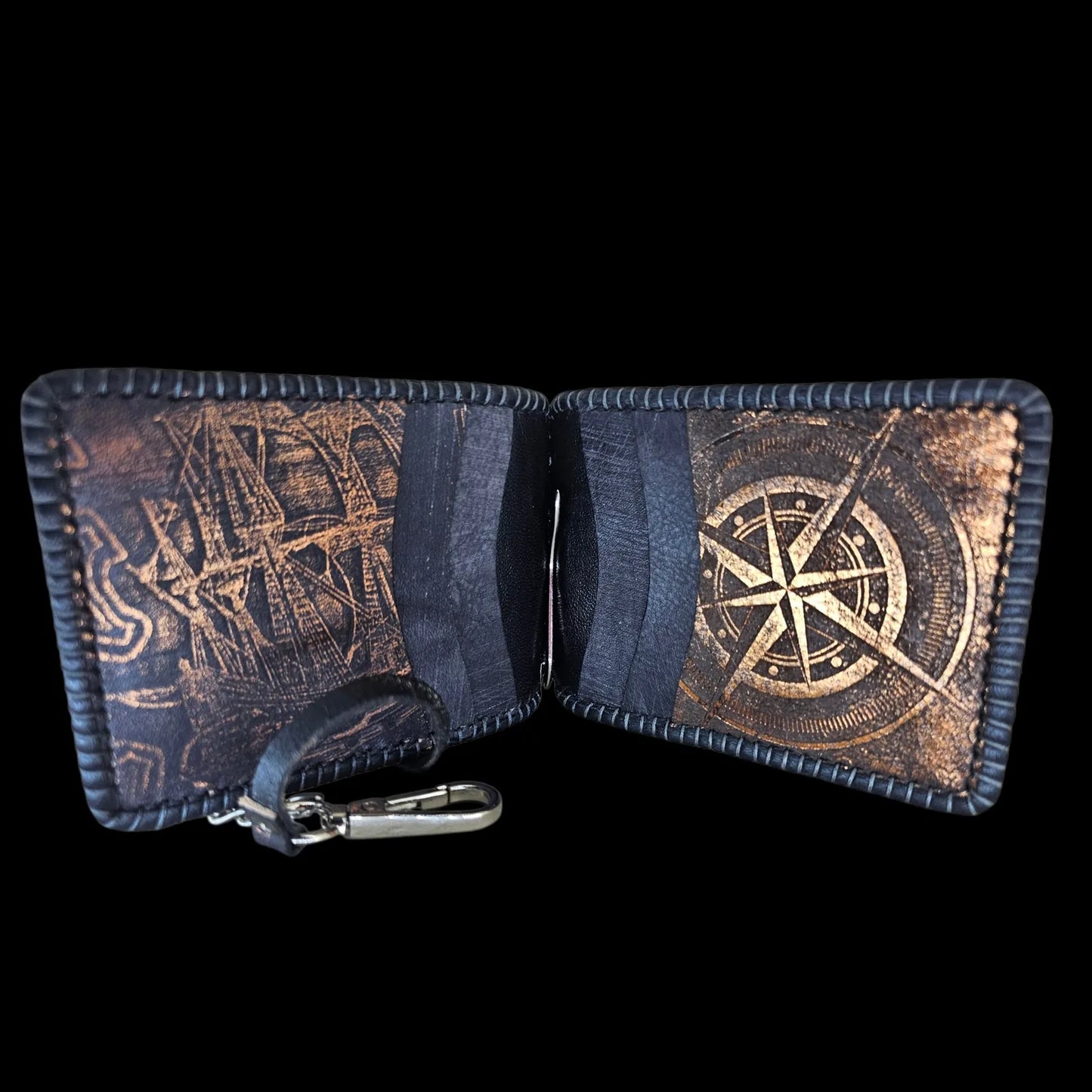 Handmade black leather wallet with a compact money clip with an embossed vintage compass - AG Design, Arad, Romania