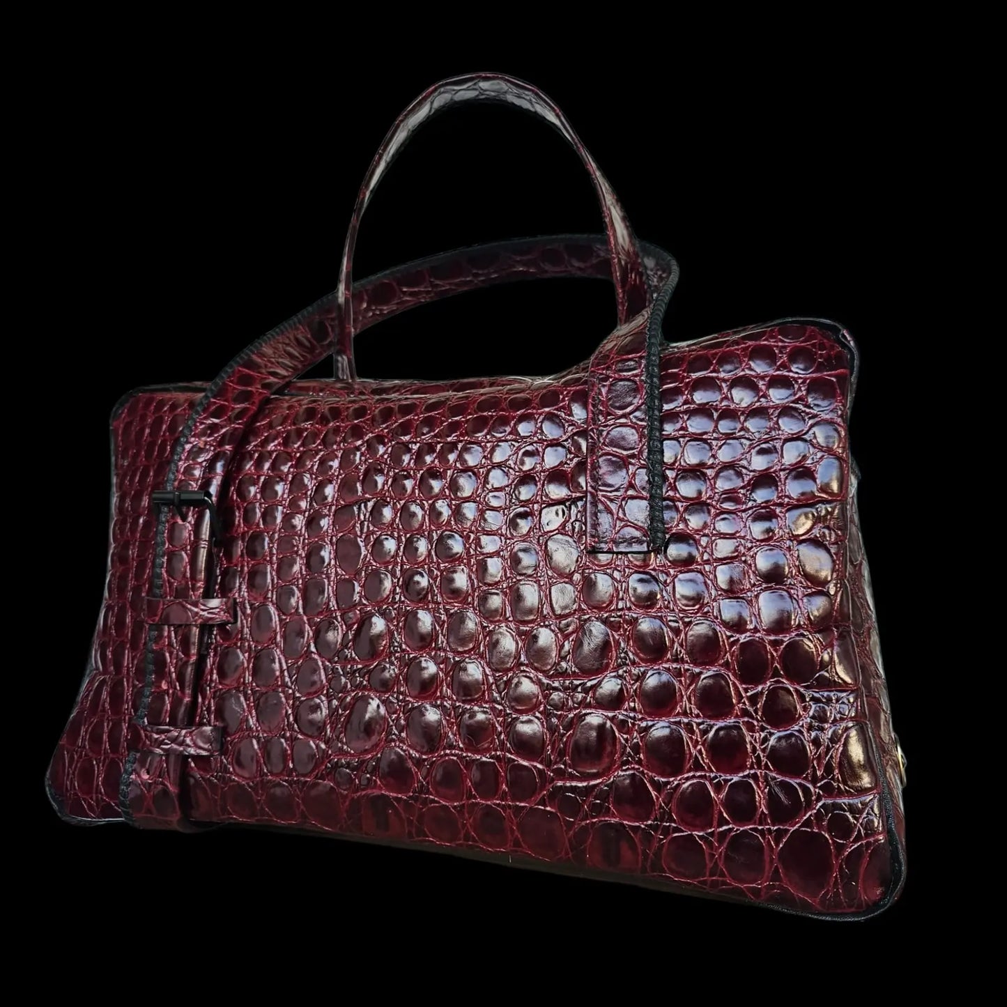 Handmade burgundy leather handbag with glossy burgundy crocodile-textured leather - AG Design, Arad, Romania