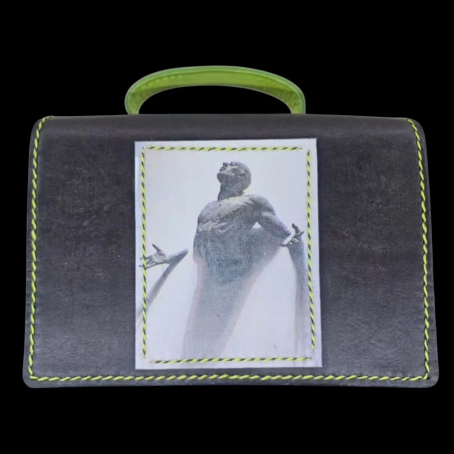 Handmade brown leather shoulder bag with a small cube form with a photo transfer and a neon-green handle - AG Design, Arad, Romania