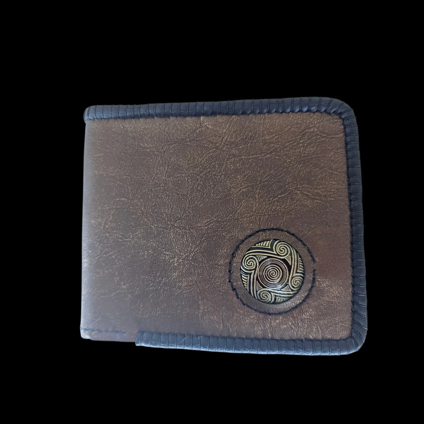 Handmade gold leather wallet with a metal medallion of Cucuteni neolithic spirals on bronze-gold leather - AG Design, Arad, Romania