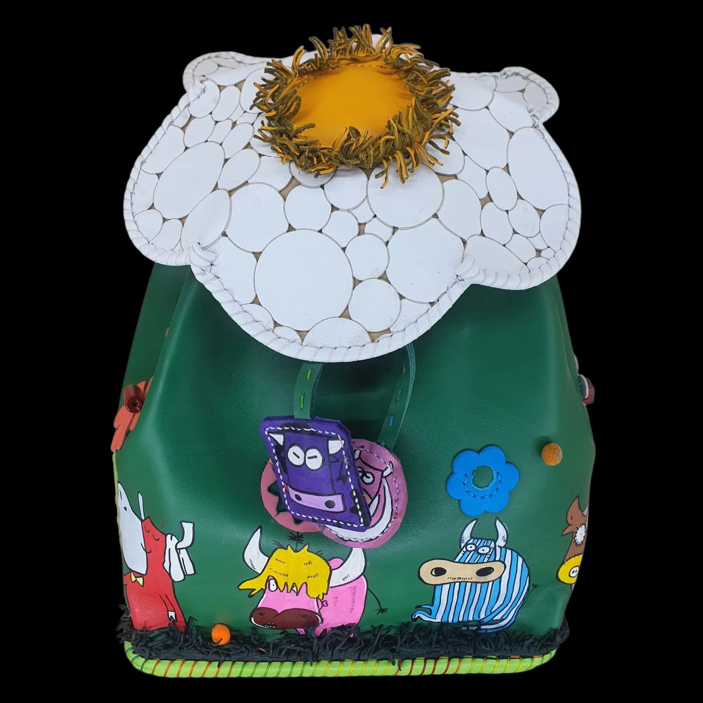 Handmade green leather bag with a sculpted daisy and painted figures - AG Design, Arad, Romania