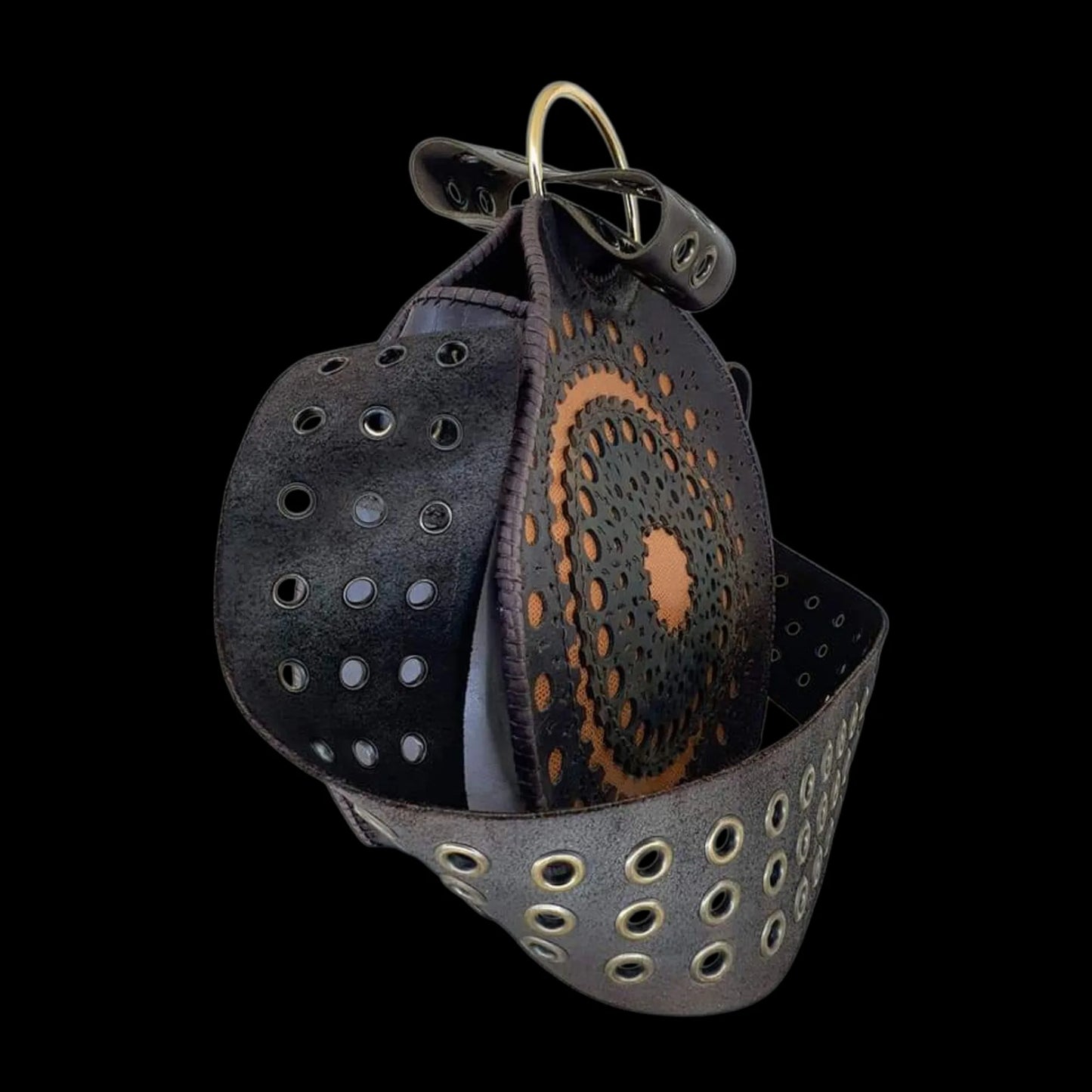 Handmade dark leather round bag with a studded centrepiece - AG Design, Arad, Romania