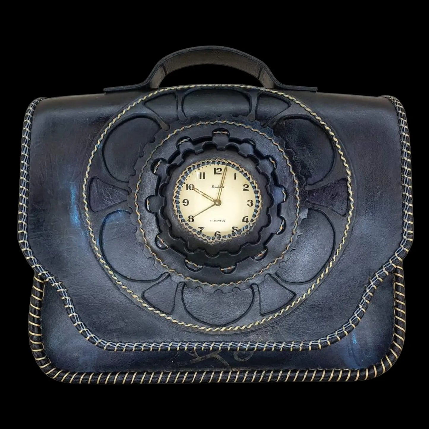 Handmade dark leather round bag with a studded centre - AG Design, Arad, Romania