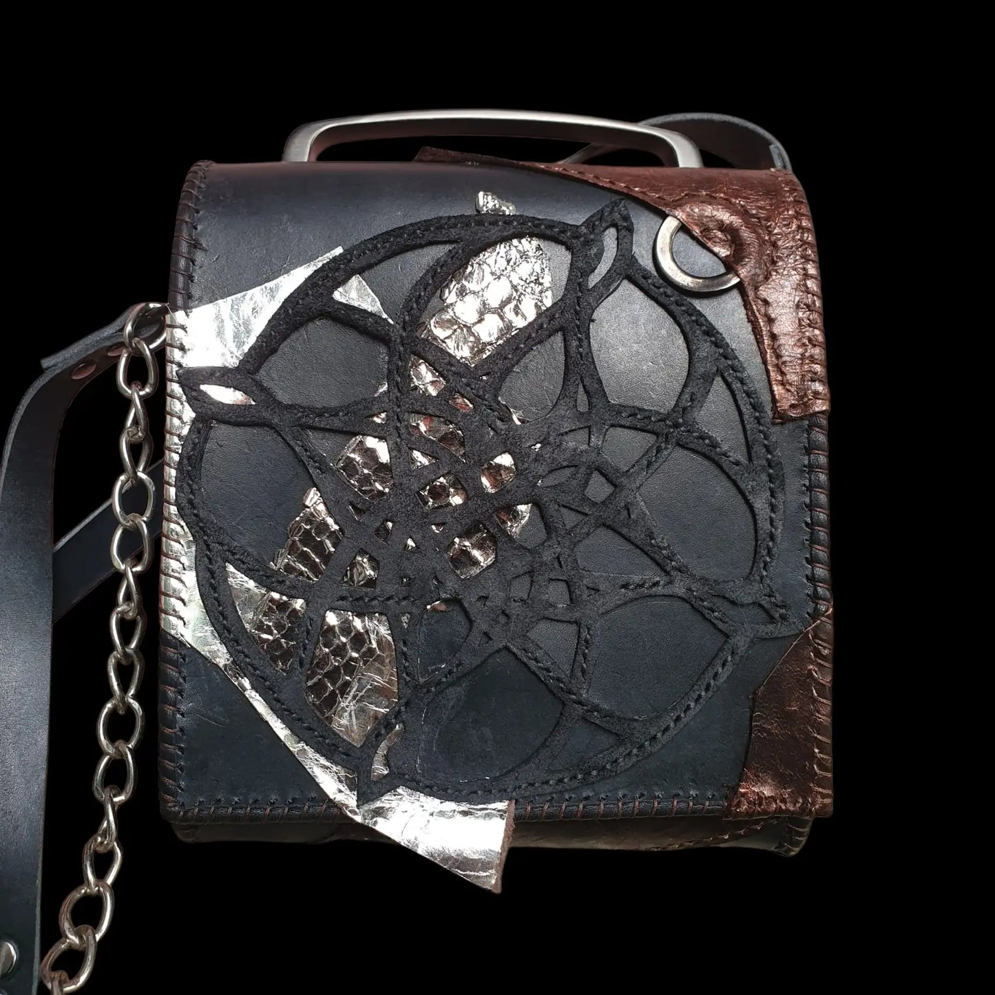 Handmade dark leather round bag with metal gear details - AG Design, Arad, Romania