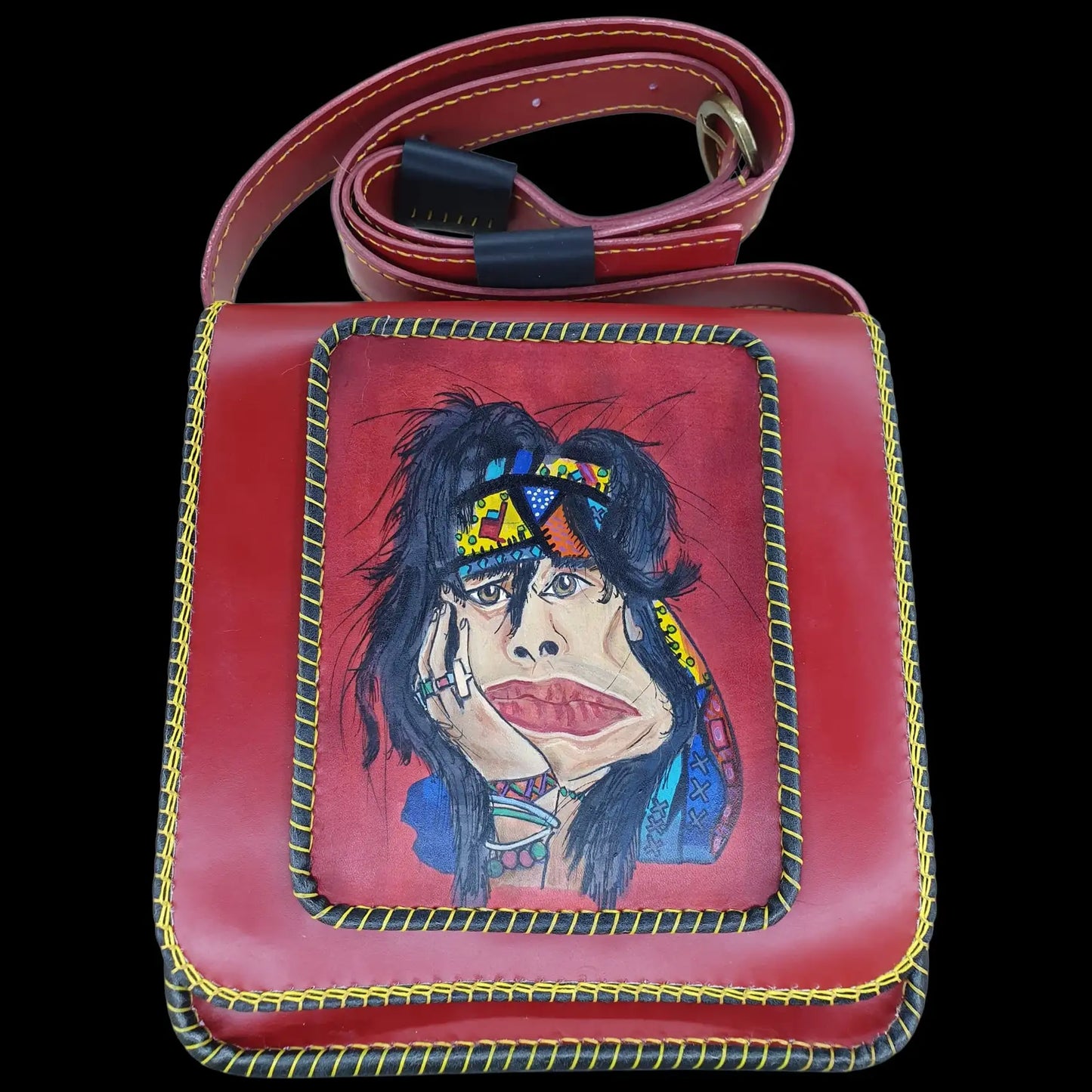 Handmade dark leather bag with a painted face and studded edge - AG Design, Arad, Romania
