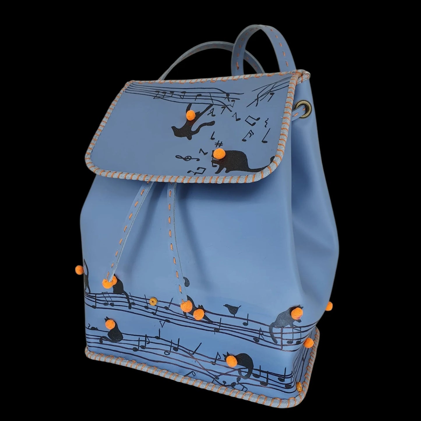 Handmade light blue leather backpack with small painted figures - AG Design, Arad, Romania
