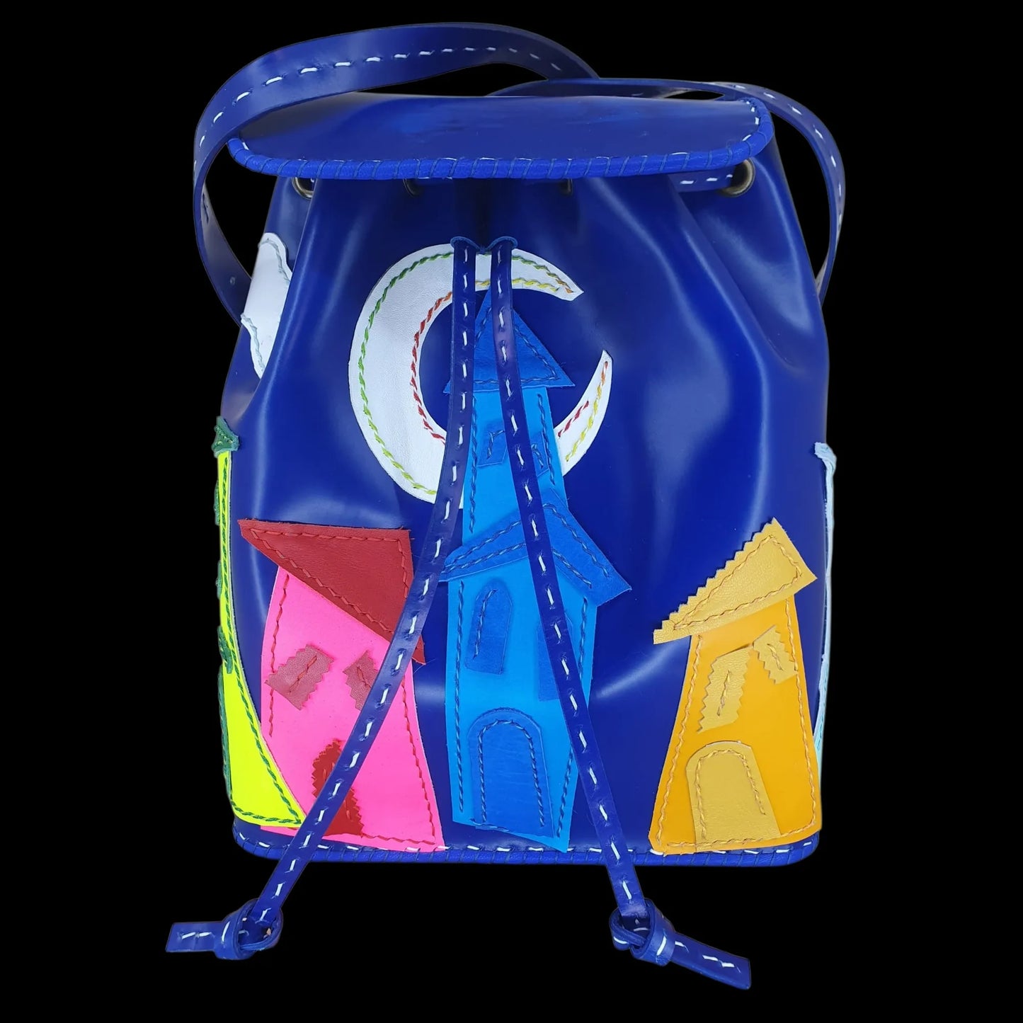 Handmade blue leather crossbody bag with a painted figure - AG Design, Arad, Romania