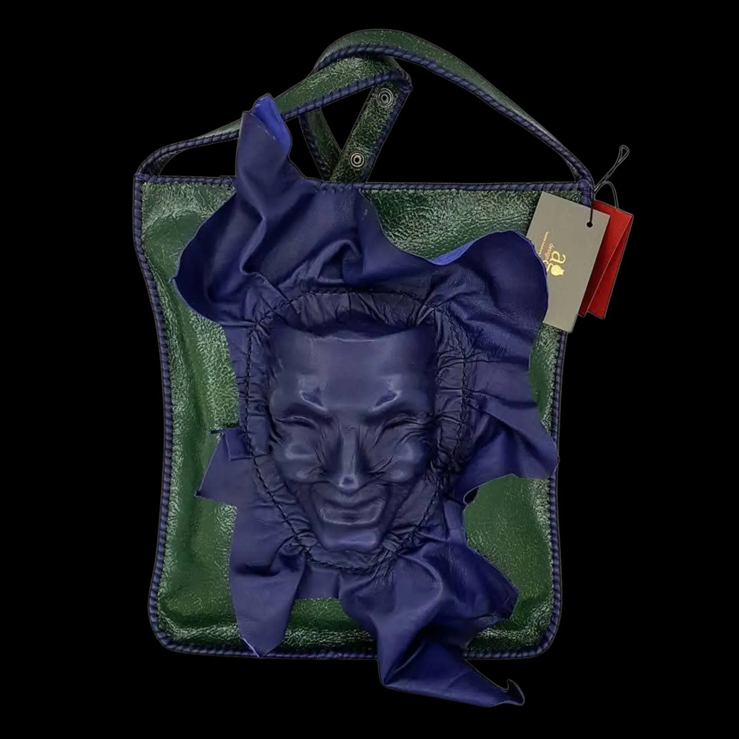 Handmade purple leather bag with a painted blue figure - AG Design, Arad, Romania