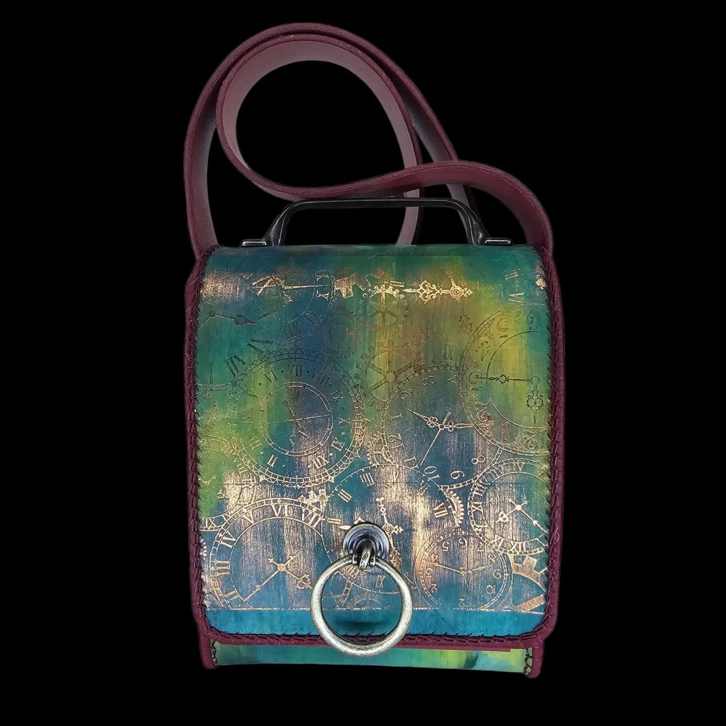 Handmade brown leather bag with a painted figure and ring handle - AG Design, Arad, Romania
