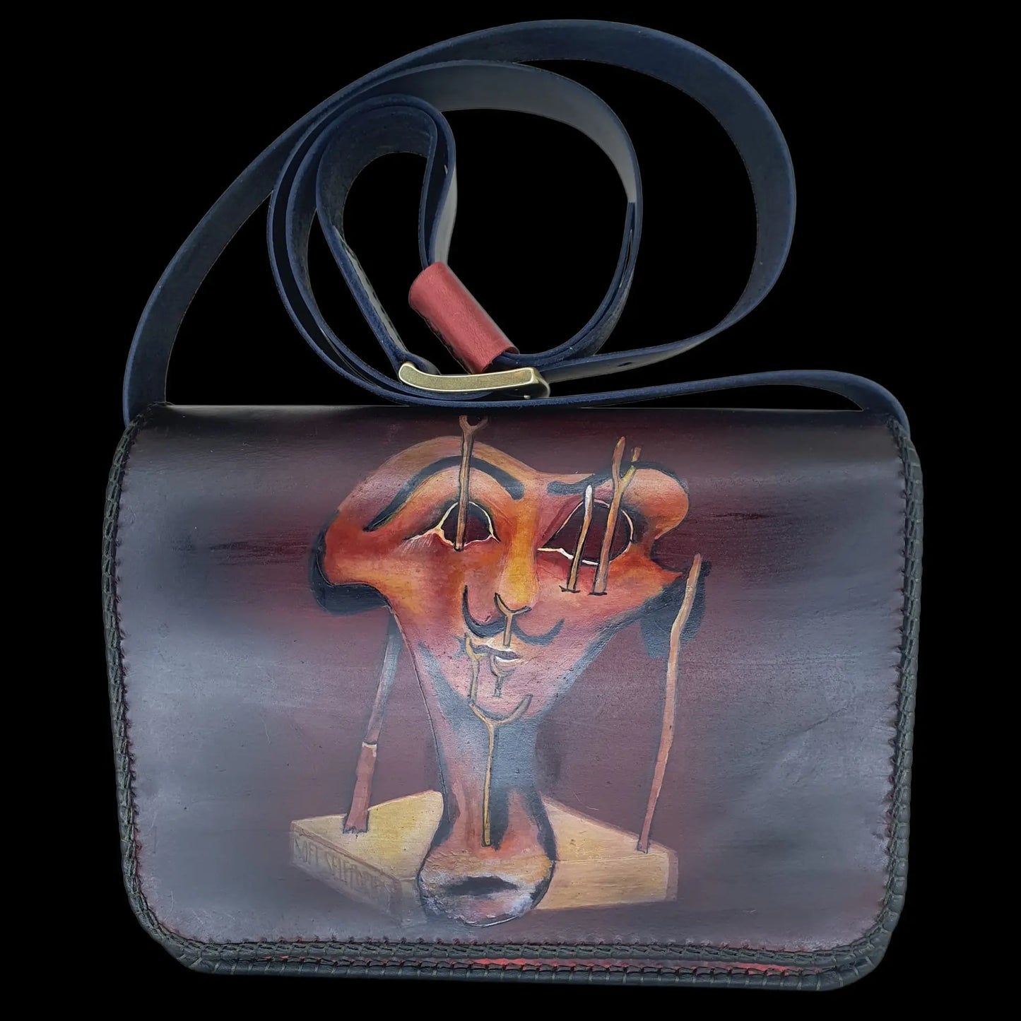 Handmade grey leather bag with a surreal painted figure - AG Design, Arad, Romania