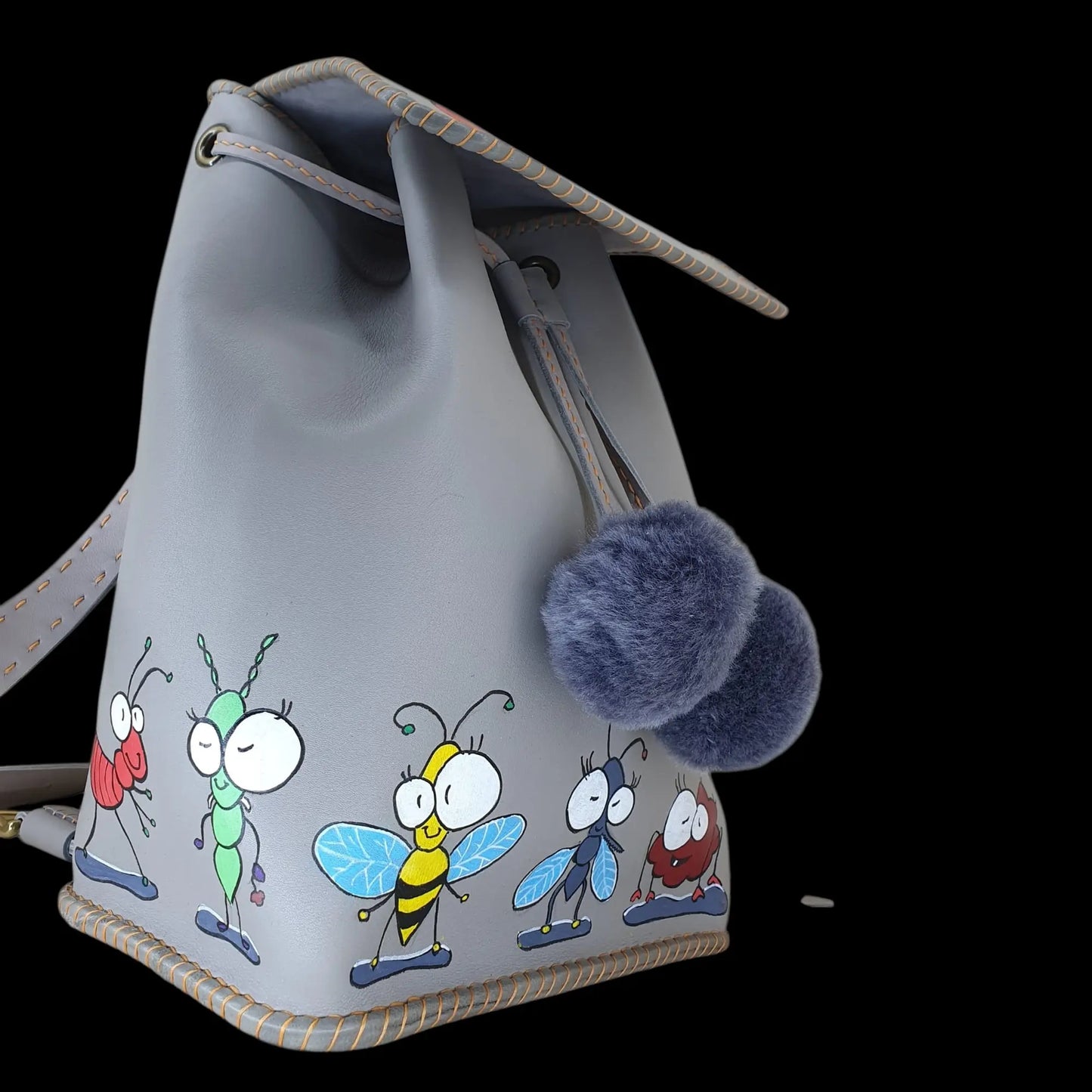 Handmade grey leather bag with painted figures - AG Design, Arad, Romania