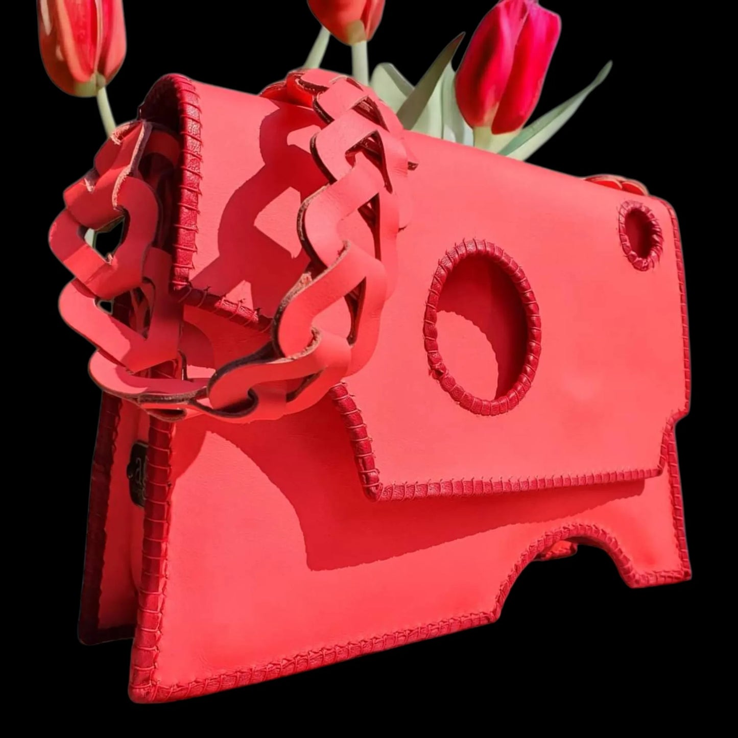 Handmade red leather bag with a sculpted flower and cut-out - AG Design, Arad, Romania