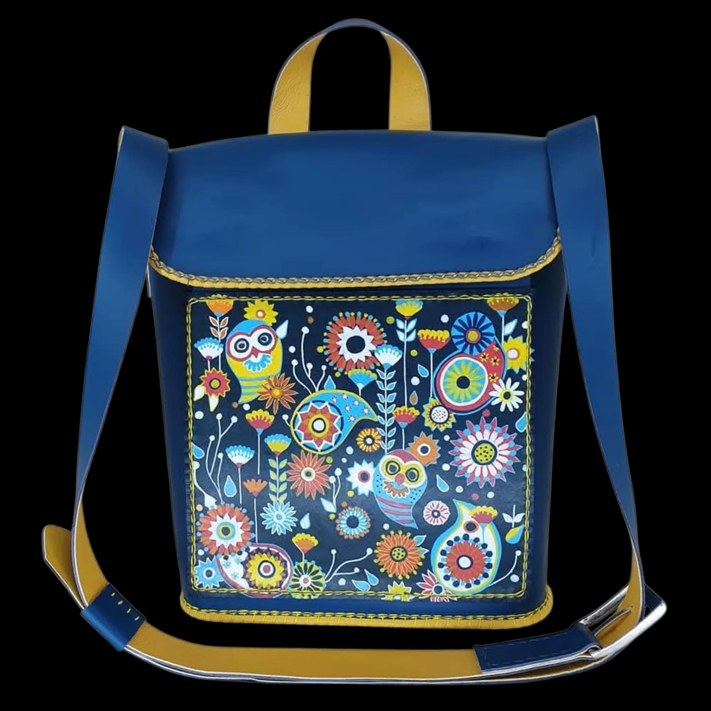 Handmade dark leather structured bag with painted flowers - AG Design, Arad, Romania
