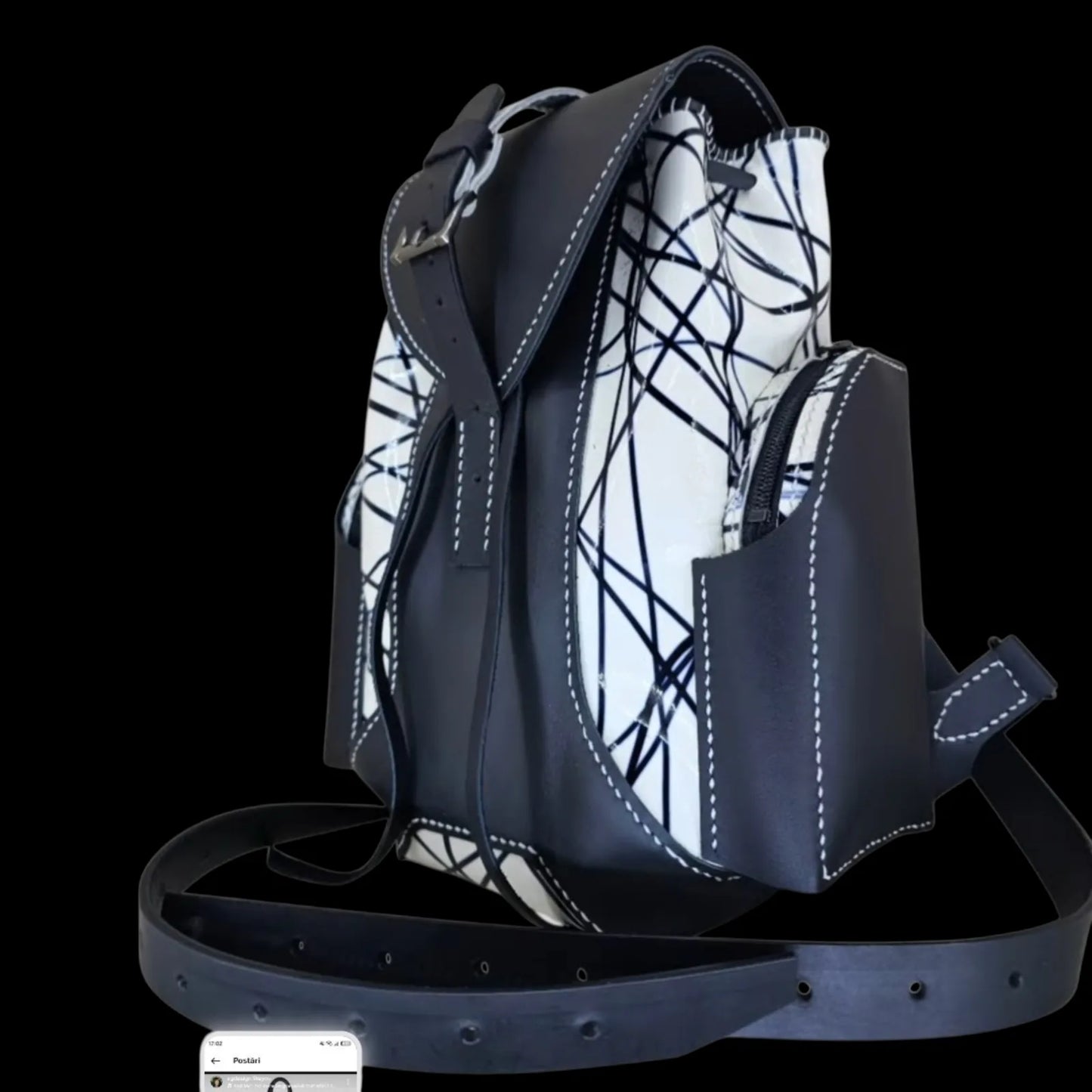 Handmade black leather backpack with continuous black and white line work - AG Design, Arad, Romania