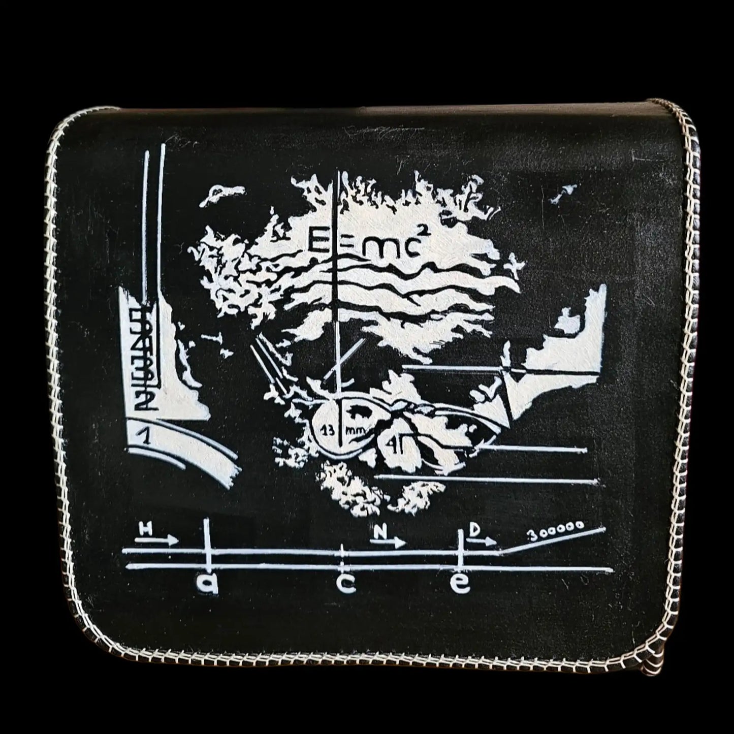 Handmade small dark leather bag with a printed portrait and a formula - AG Design, Arad, Romania