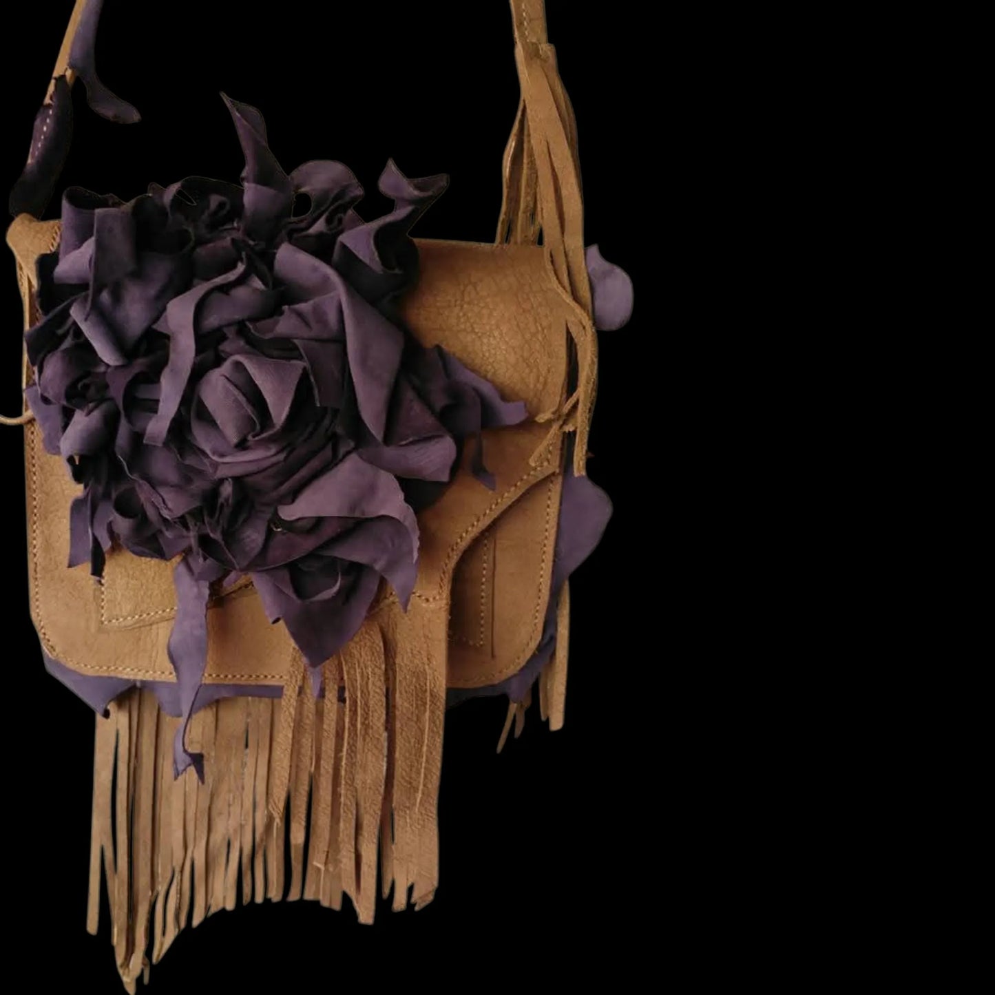Handmade tan leather bag with purple sculpted flowers and fringe - AG Design, Arad, Romania