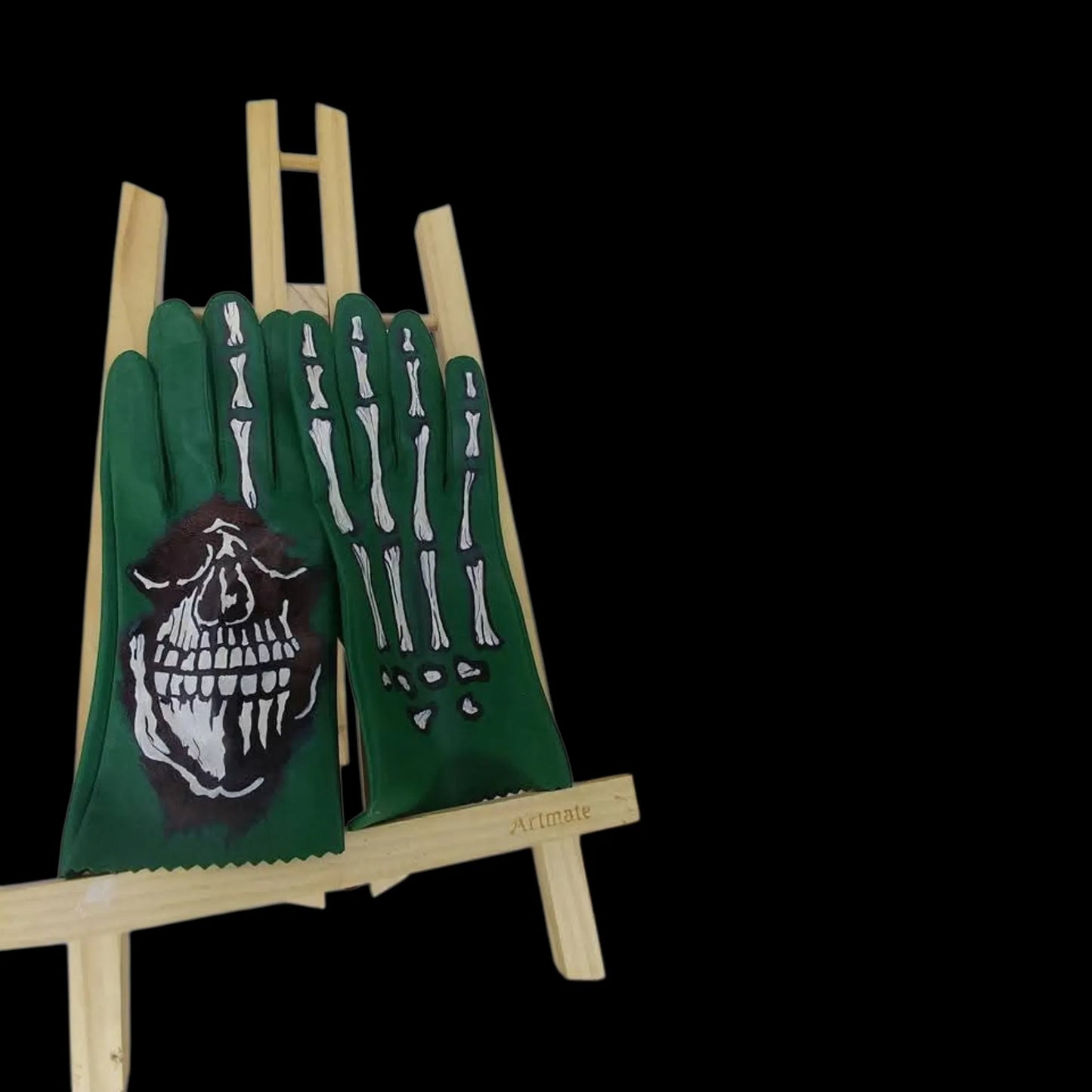Handmade green leather gloves with painted bones - AG Design, Arad, Romania