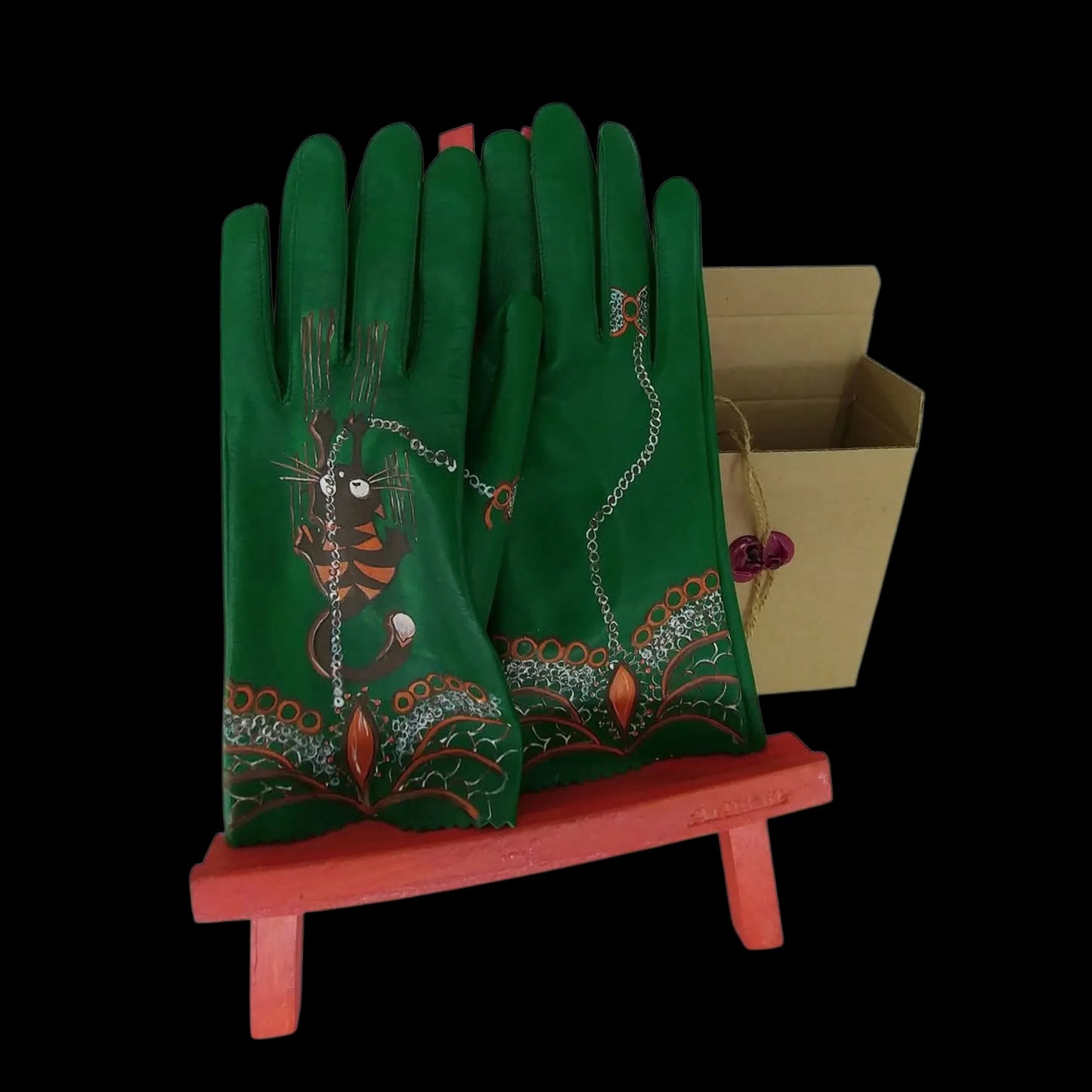Handmade green painted leather gloves on a stand - AG Design, Arad, Romania