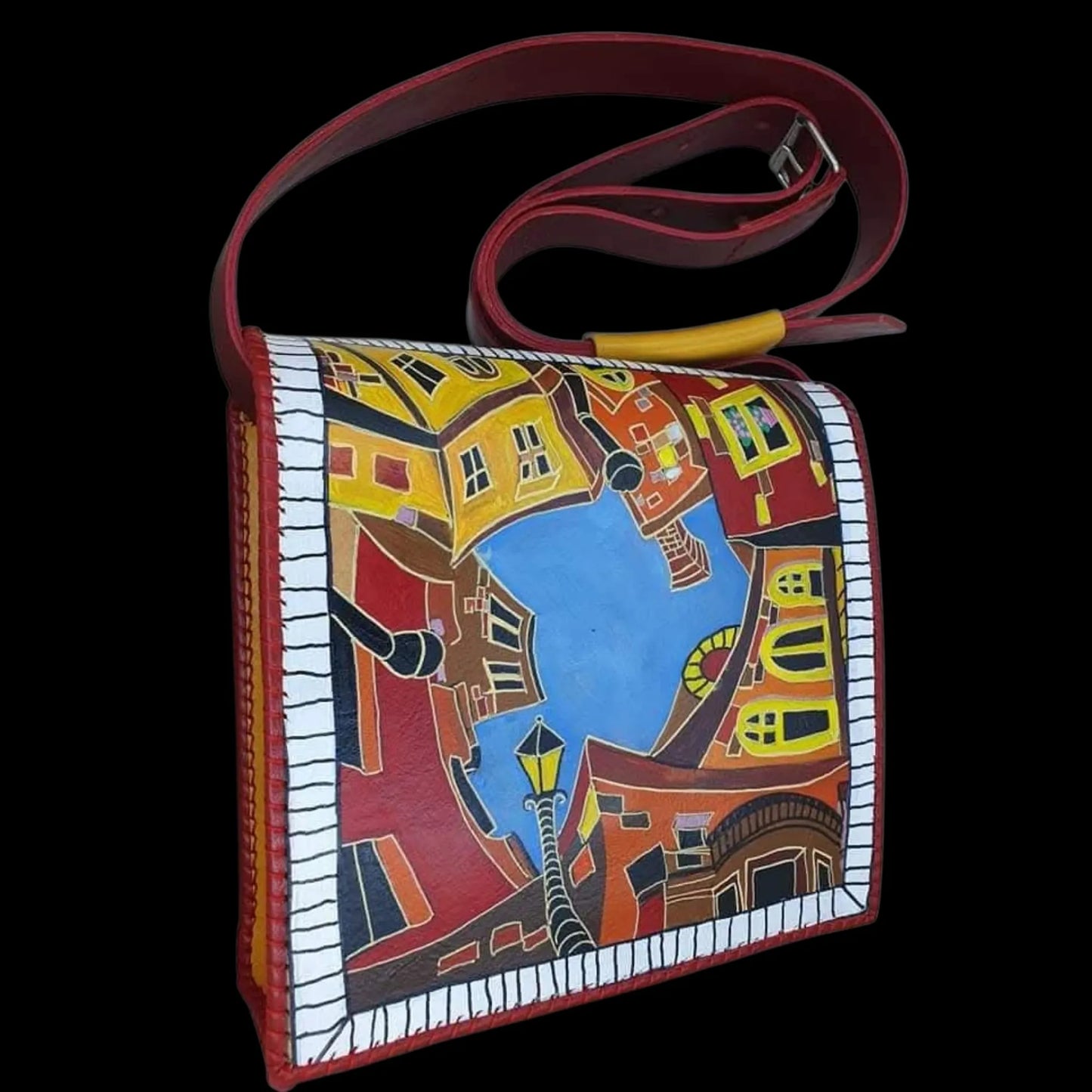 Handmade leather bag with a painted scene of houses - AG Design, Arad, Romania