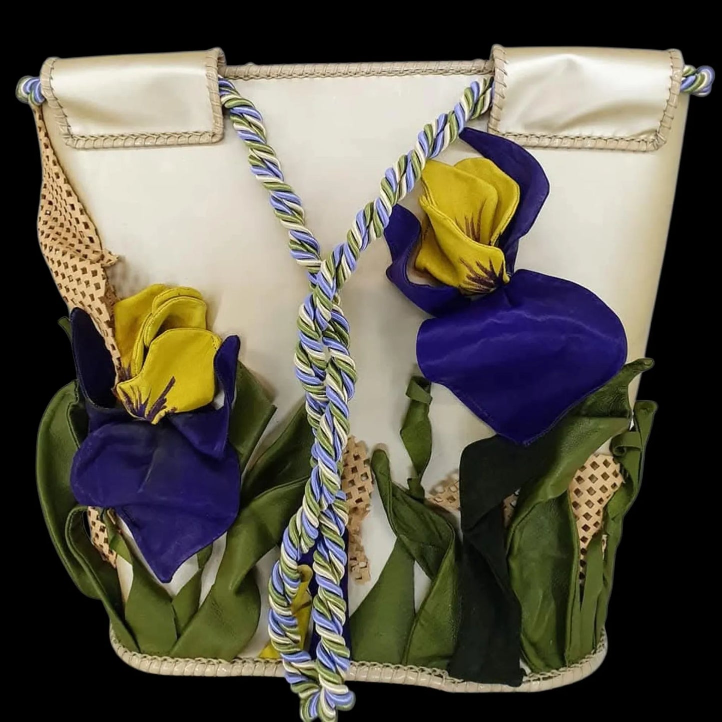 Handmade cream leather bag with purple sculpted iris flowers - AG Design, Arad, Romania
