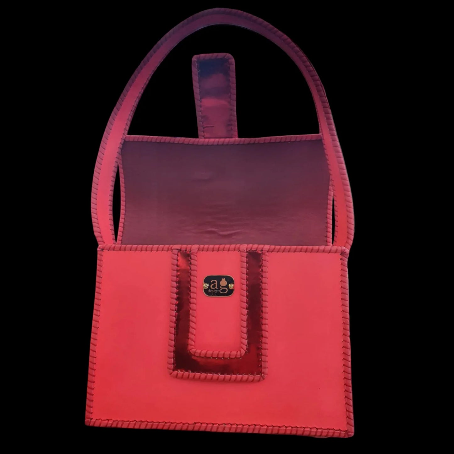 Handmade pink leather handbag with hot-pink leather with a patent strap and lace-like hand stitching - AG Design, Arad, Romania