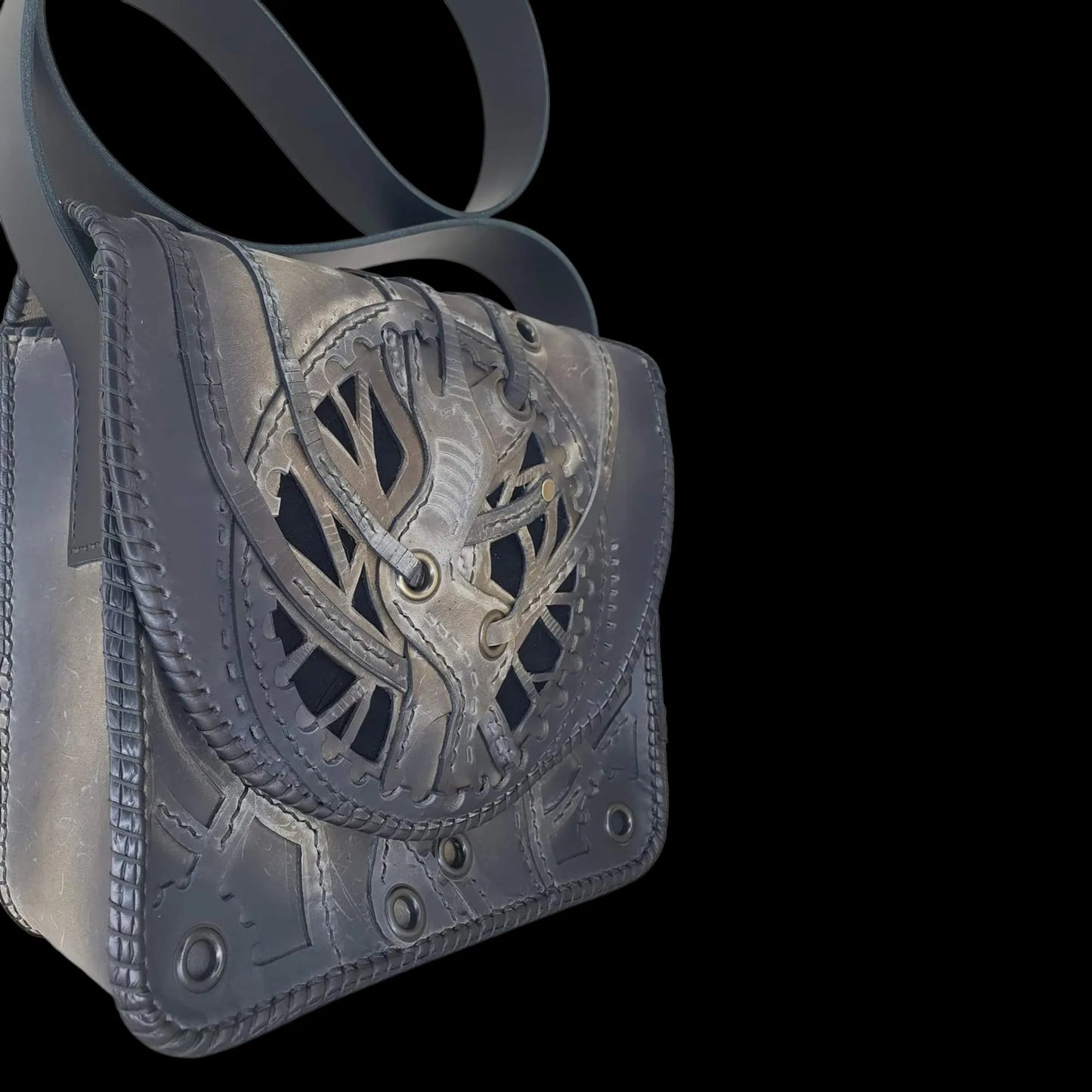 Handmade grey leather bag with a cut-out floral lattice - AG Design, Arad, Romania