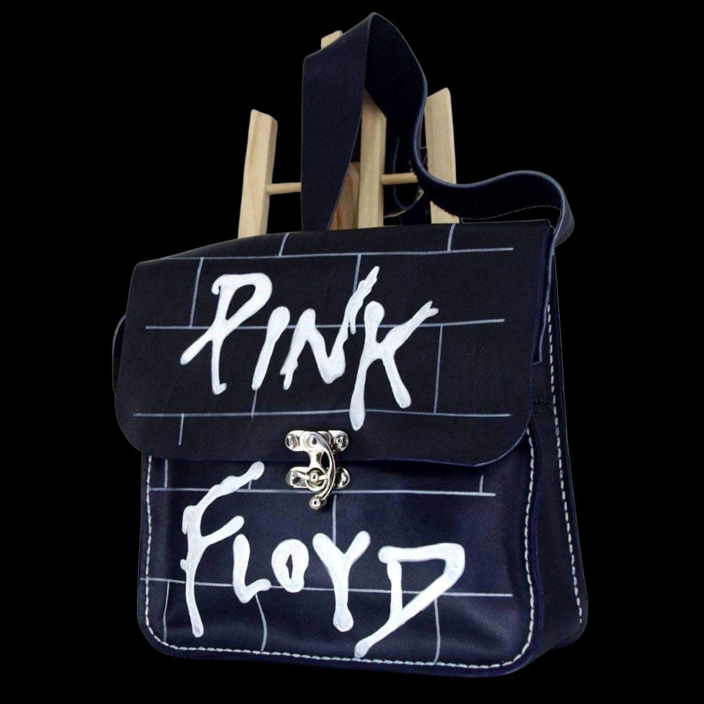 Handmade black leather messenger bag with hand-painted lettering - AG Design, Arad, Romania