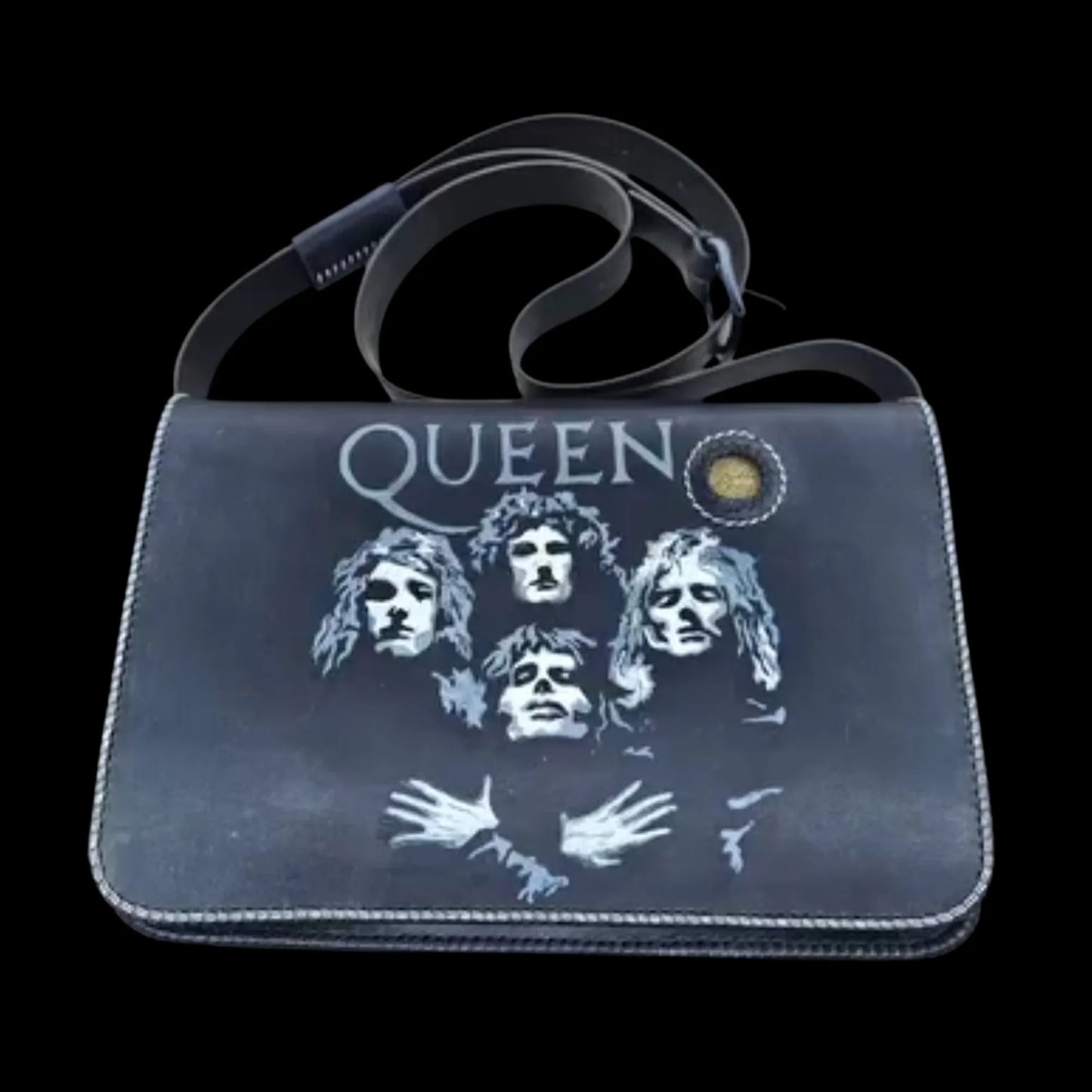 Handmade dark leather bag with painted lettering and figures - AG Design, Arad, Romania