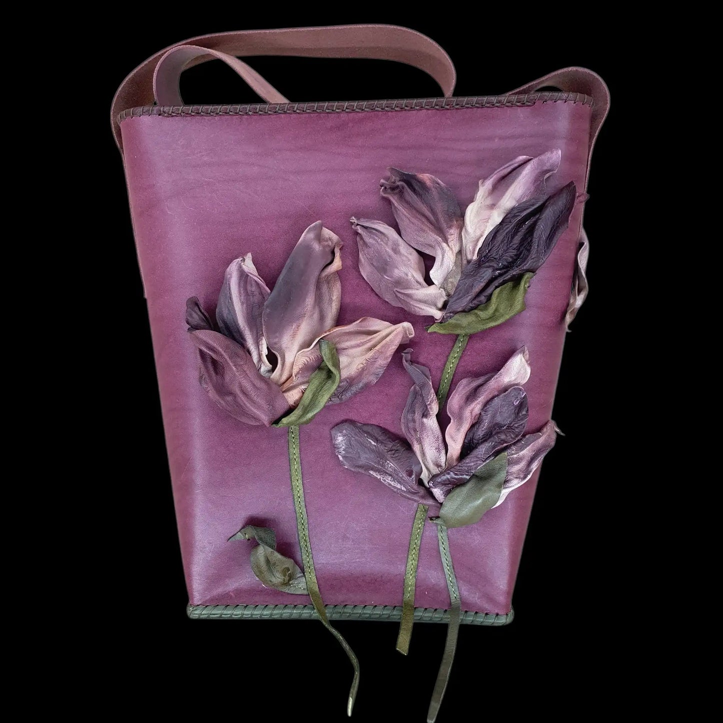Handmade mauve leather bag with sculpted magnolia flowers - AG Design, Arad, Romania