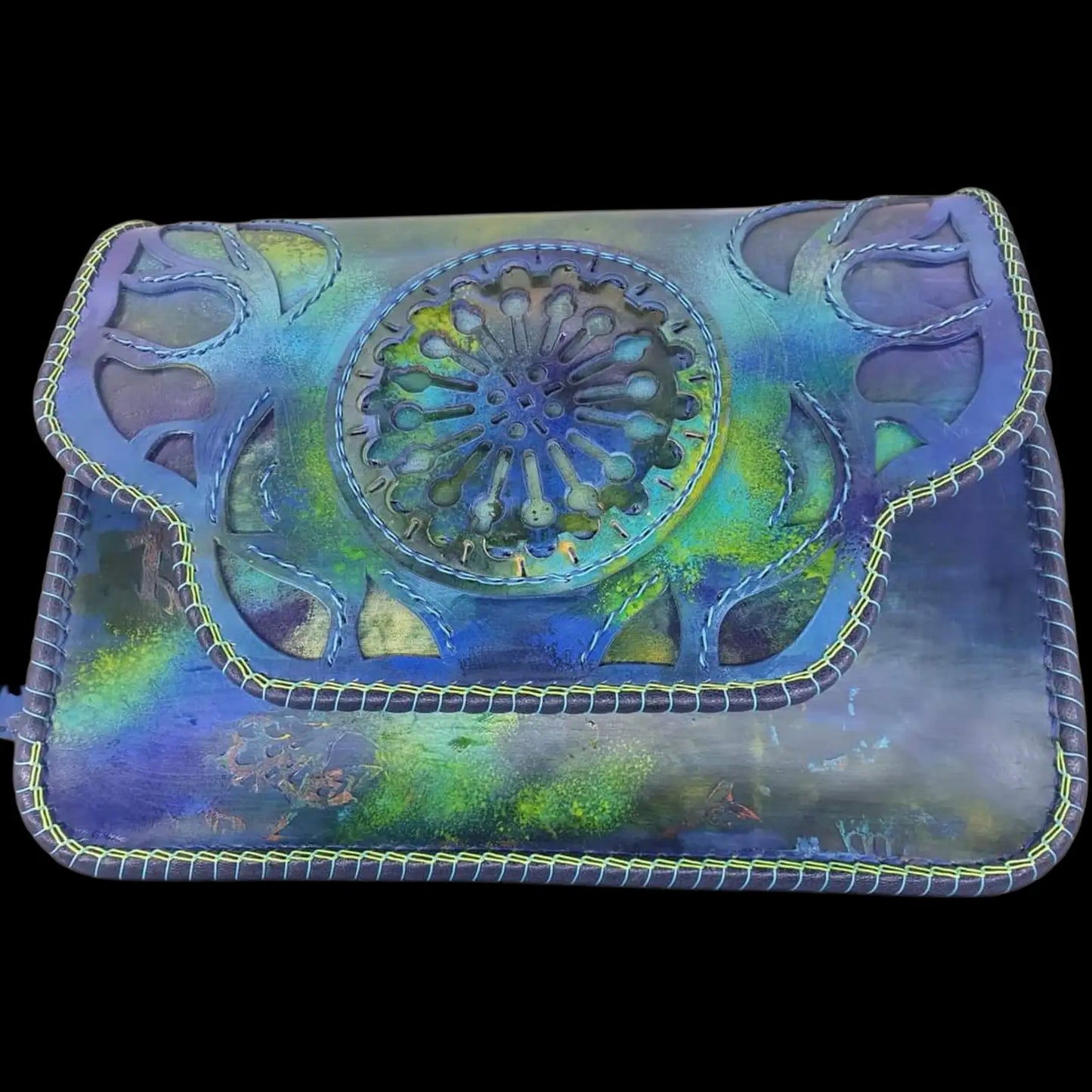 Handmade teal leather bag with a painted mandala - AG Design, Arad, Romania
