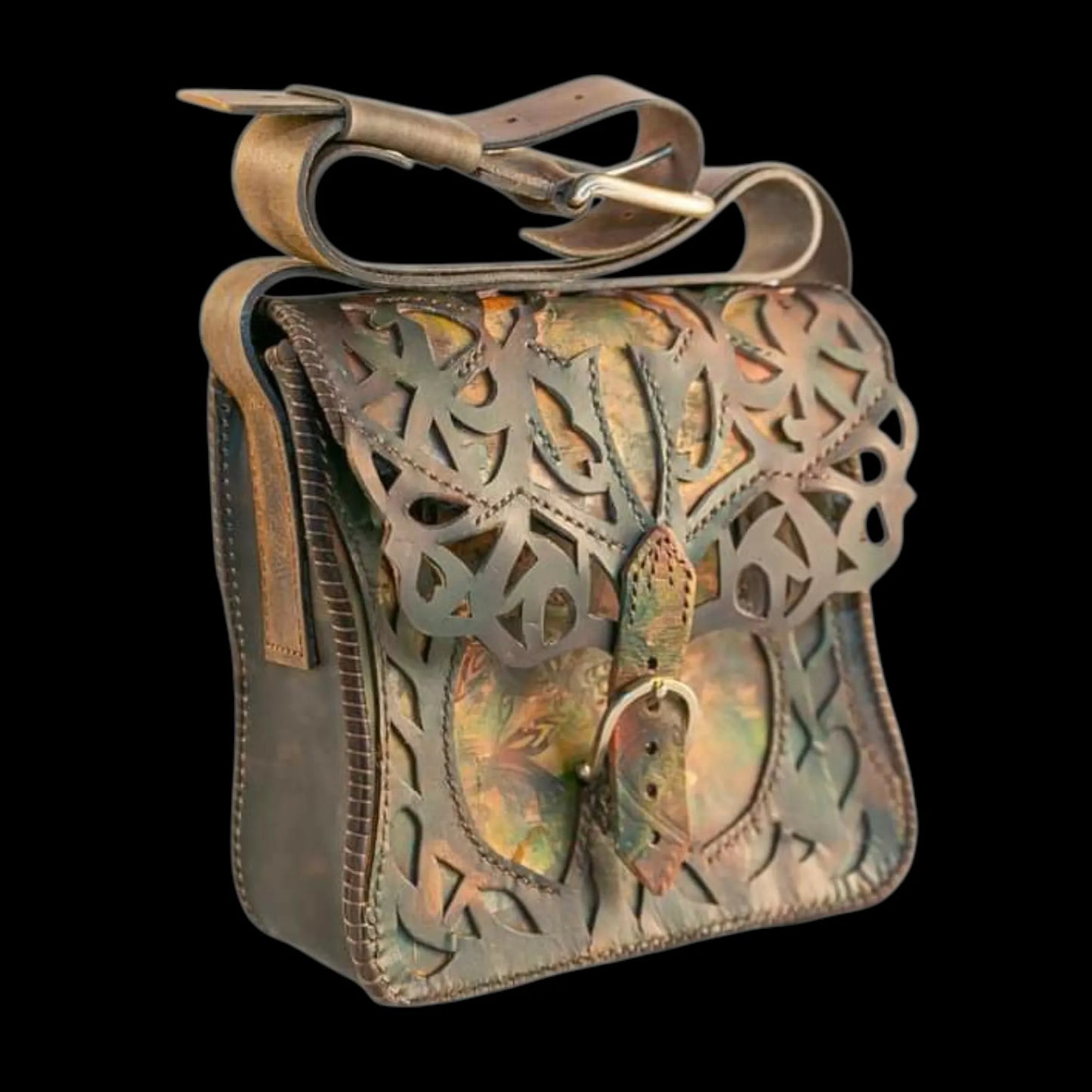 Handmade olive leather bag with an embossed relief - AG Design, Arad, Romania