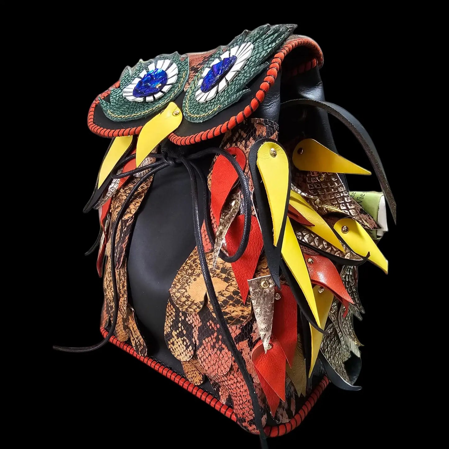Handmade colourful leather bag with a sculpted owl face - AG Design, Arad, Romania