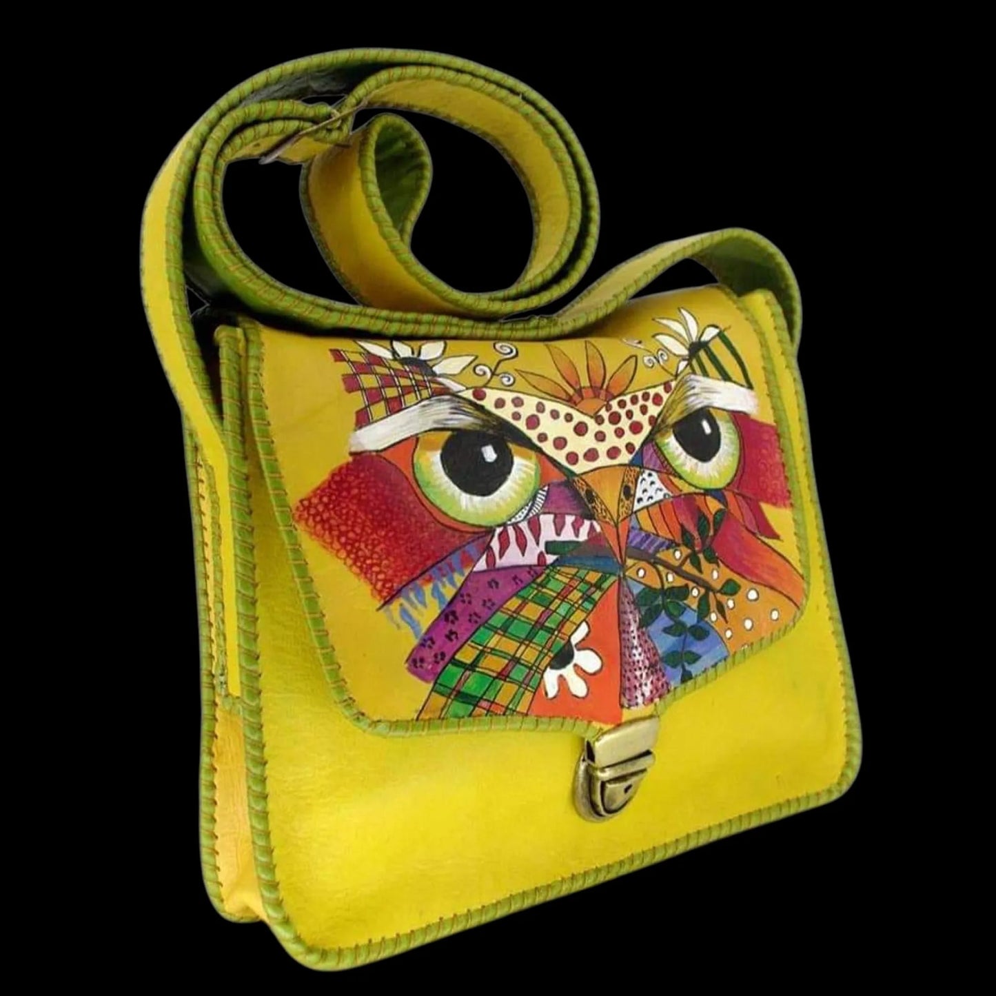 Handmade mustard leather bag with a painted owl - AG Design, Arad, Romania