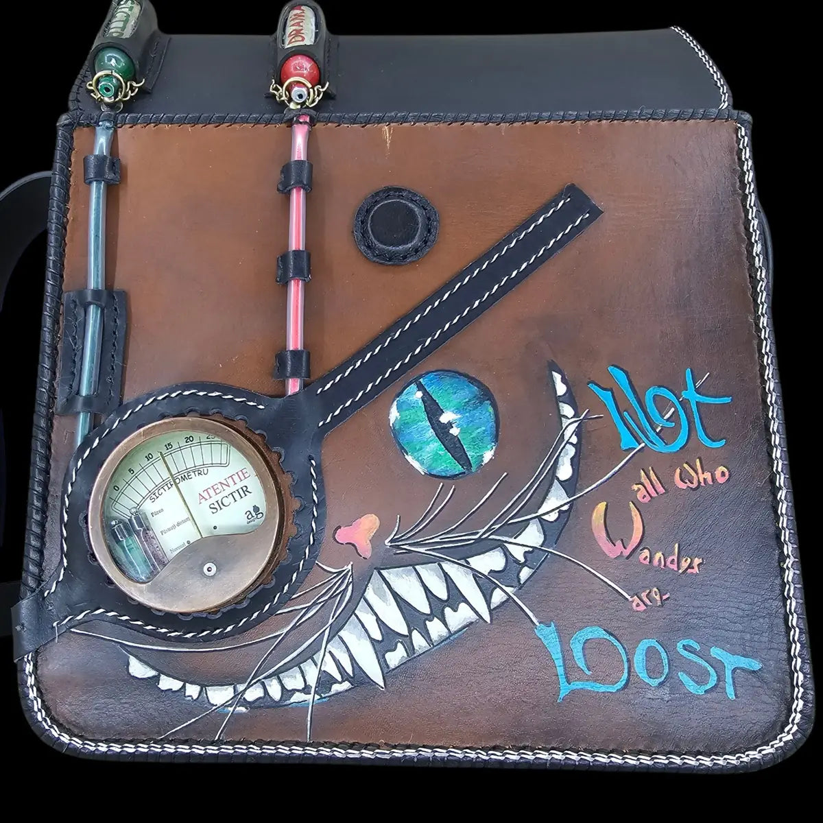 Handmade multicolour leather shoulder bag with a hand-painted dragon, an eye and quoted lettering - AG Design, Arad, Romania