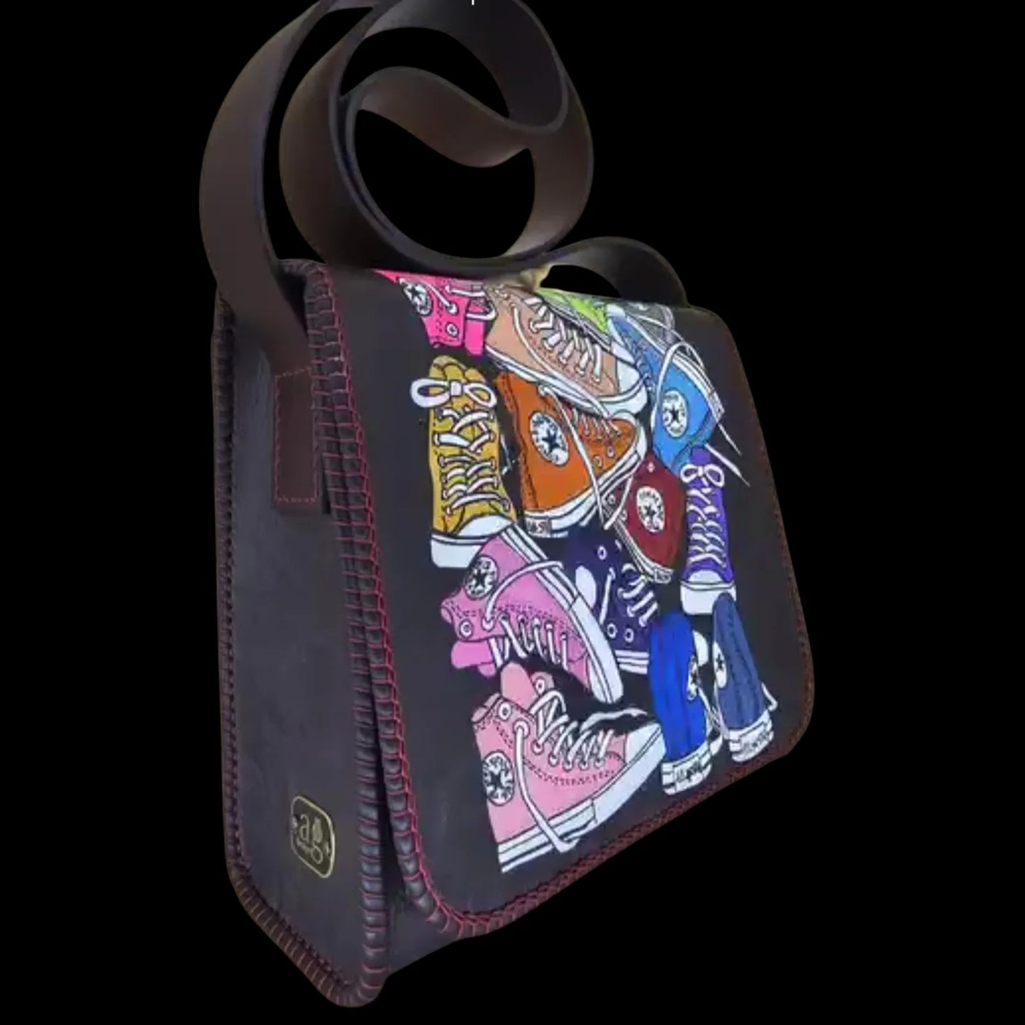 Handmade brown leather handbag with a hand-painted composition of colourful high-top sneakers - AG Design, Arad, Romania
