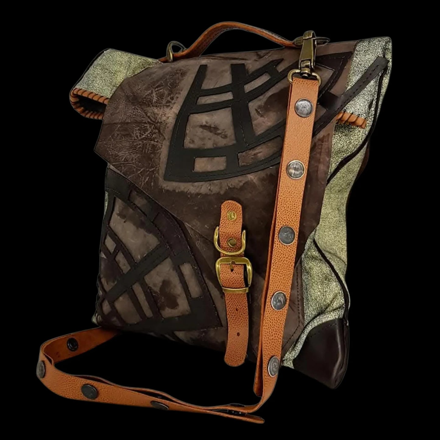 Handmade tan leather roll-top bag with a painted pattern - AG Design, Arad, Romania
