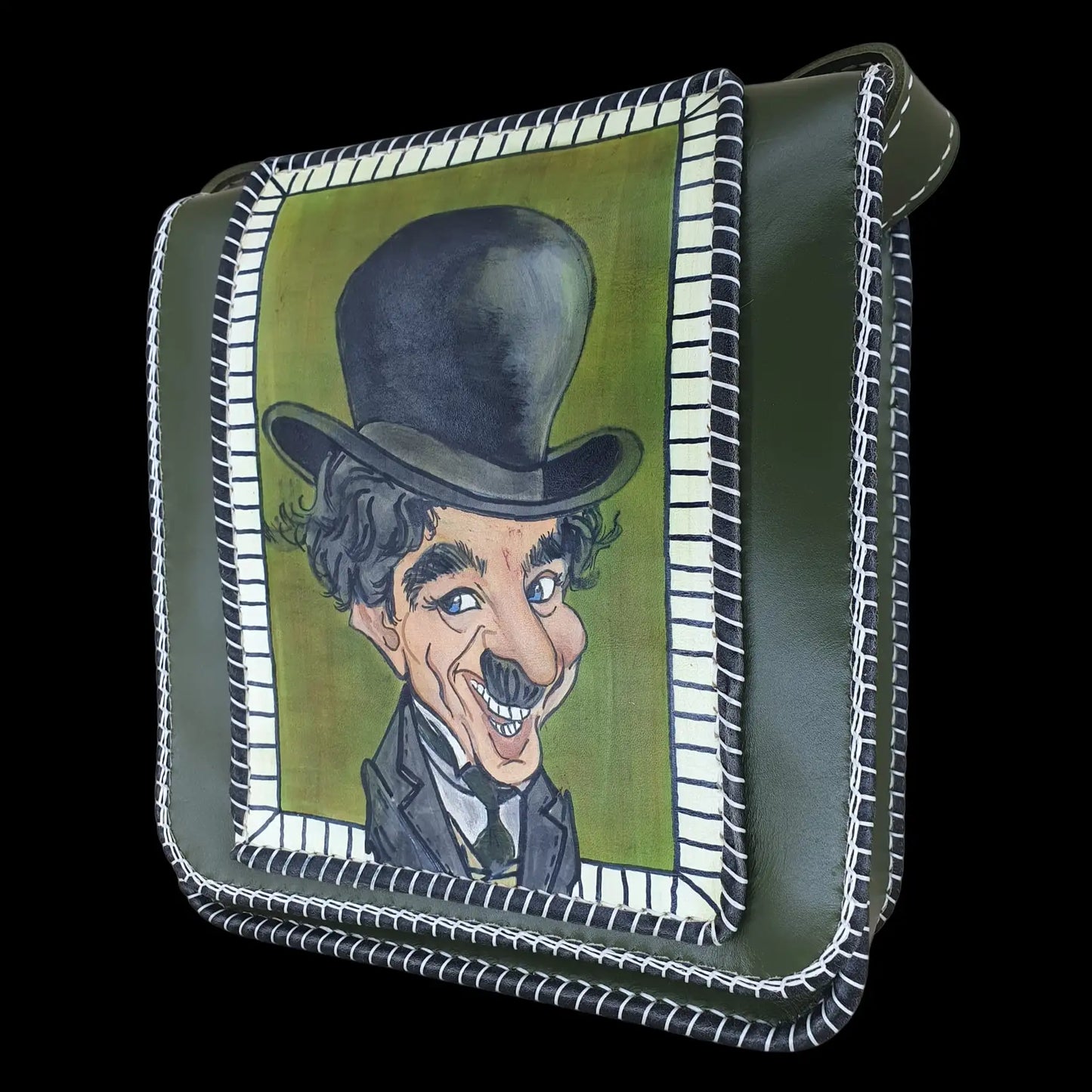 Handmade dark leather bag with a painted gentleman portrait - AG Design, Arad, Romania