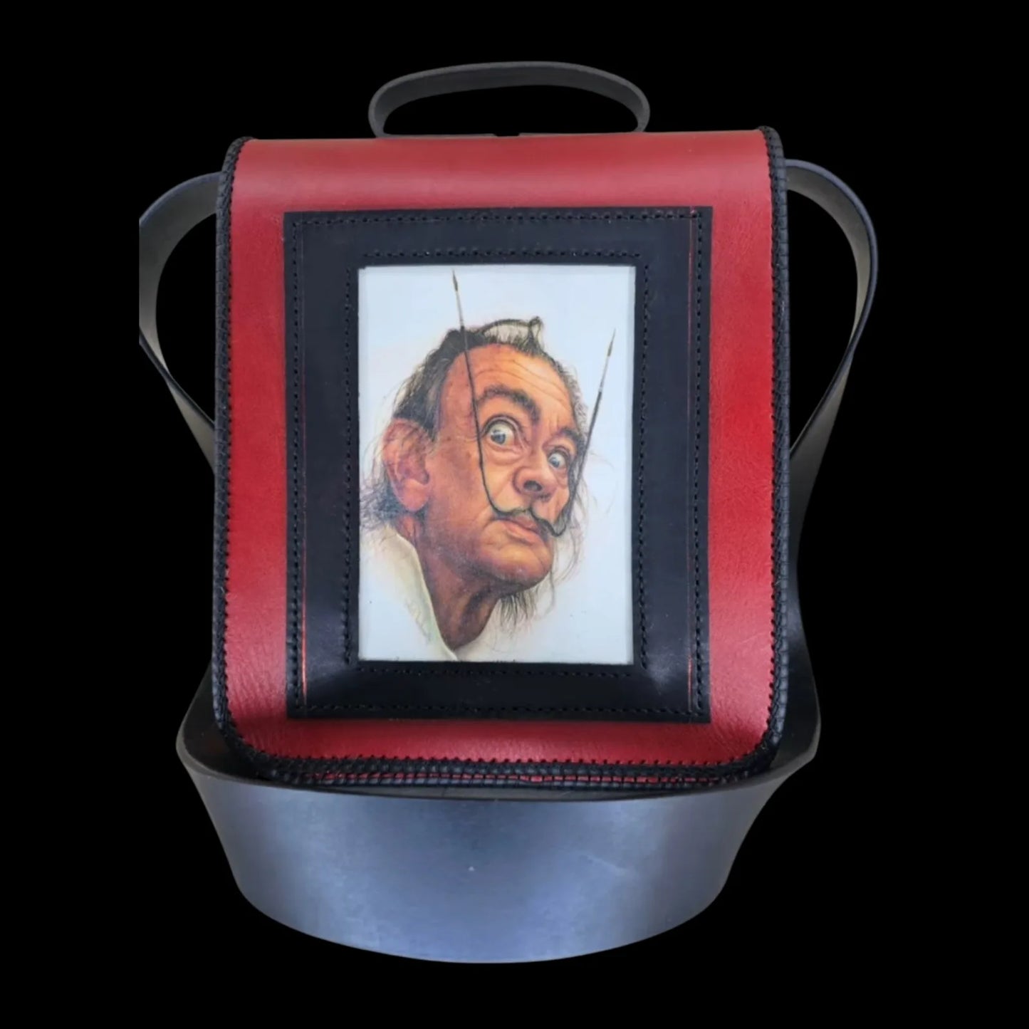 Handmade red leather shoulder bag with a red and black photo-transfer portrait - AG Design, Arad, Romania