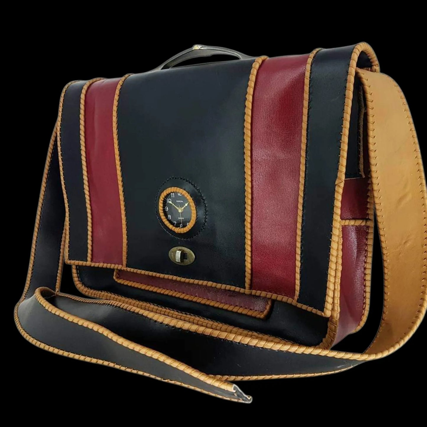 Handmade dark leather messenger bag with coloured trim - AG Design, Arad, Romania