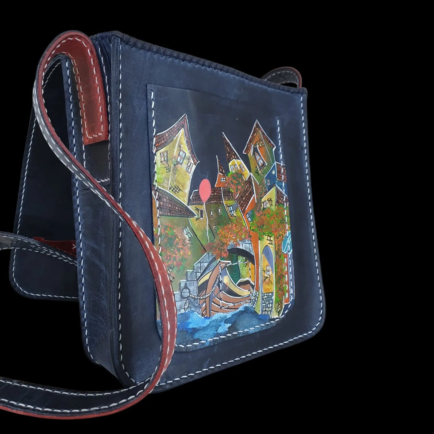 Handmade blue leather crossbody bag with a hand-painted scene - AG Design, Arad, Romania