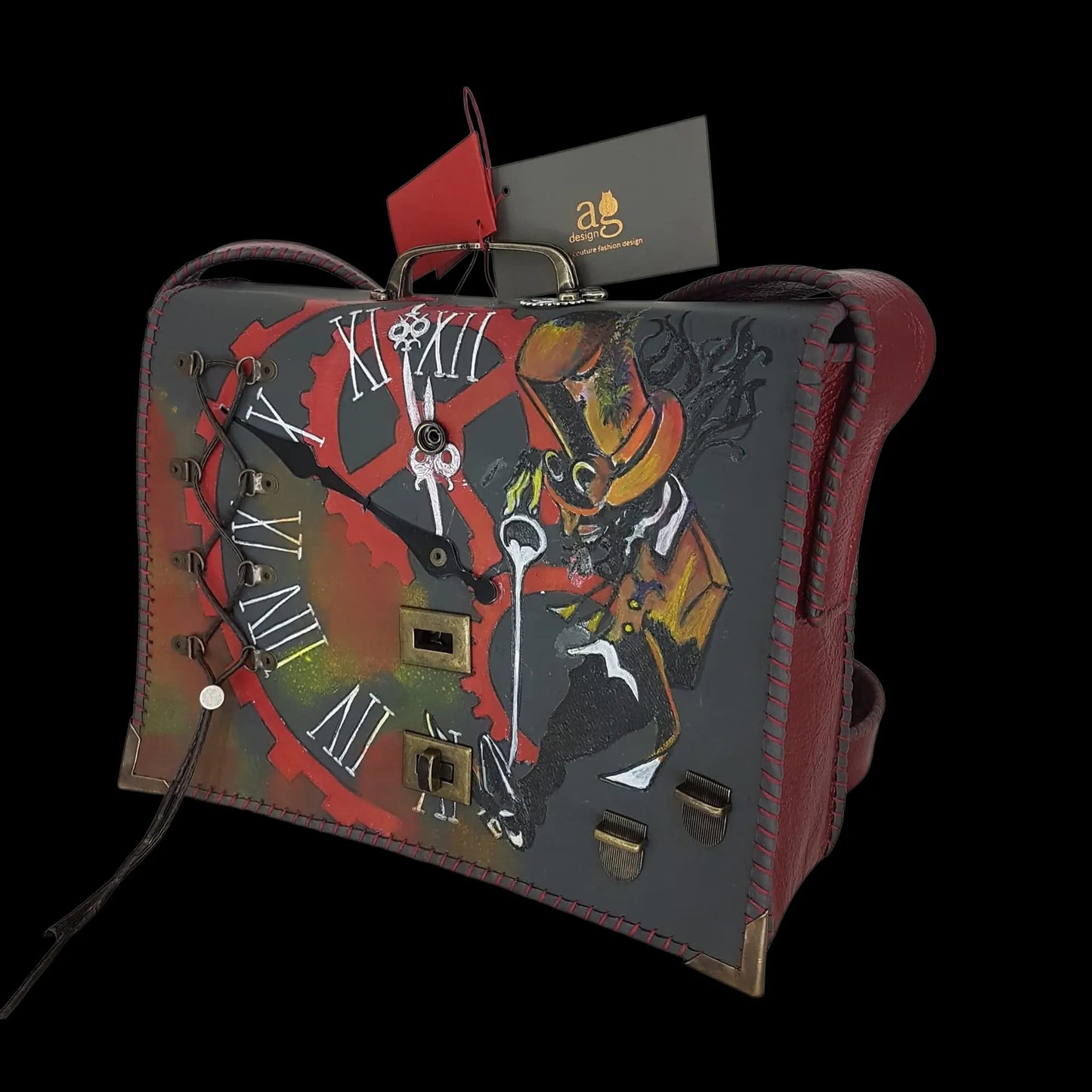 Handmade dark red leather flap bag with a painted scene - AG Design, Arad, Romania