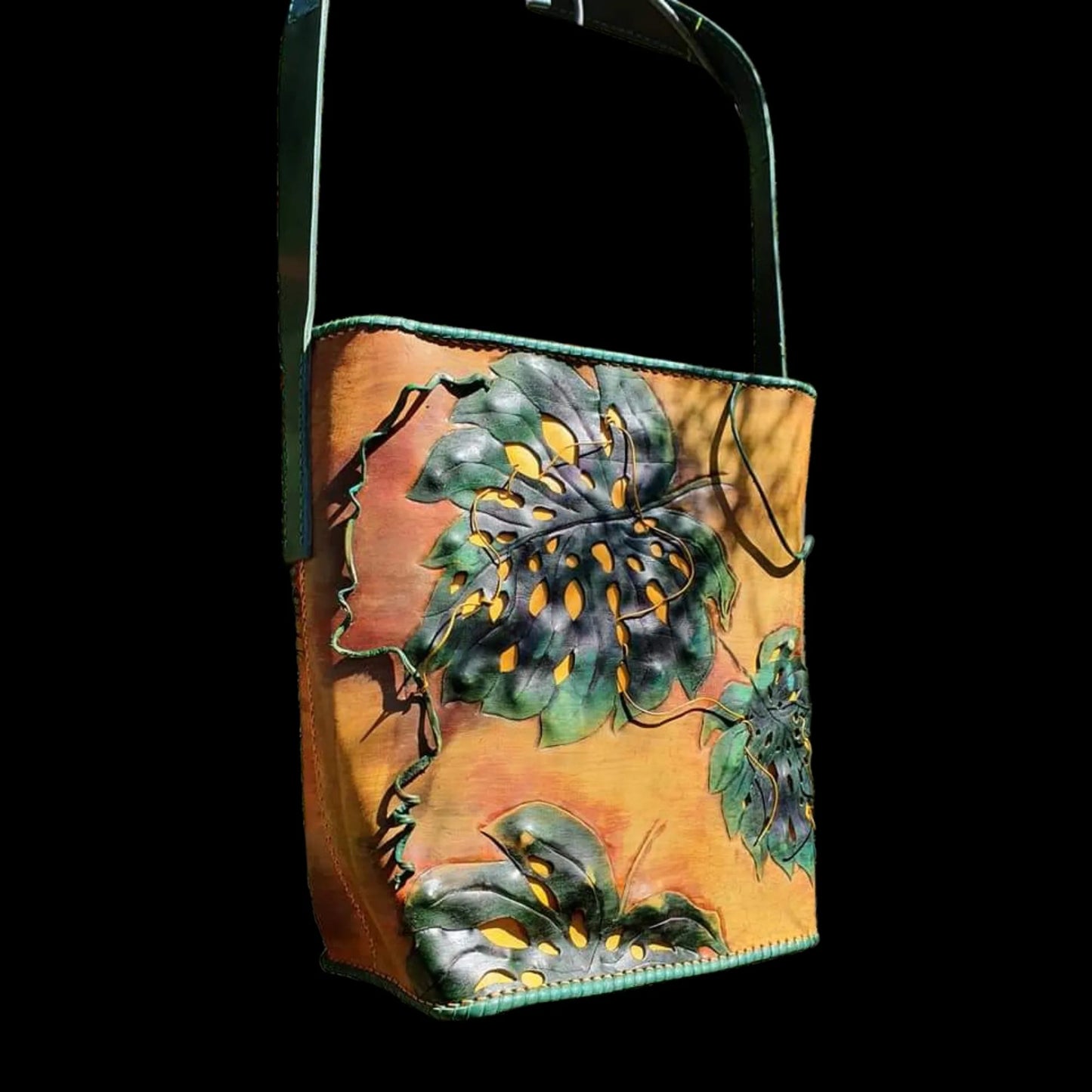 Handmade teal leather crossbody bag with a hand-painted scene - AG Design, Arad, Romania