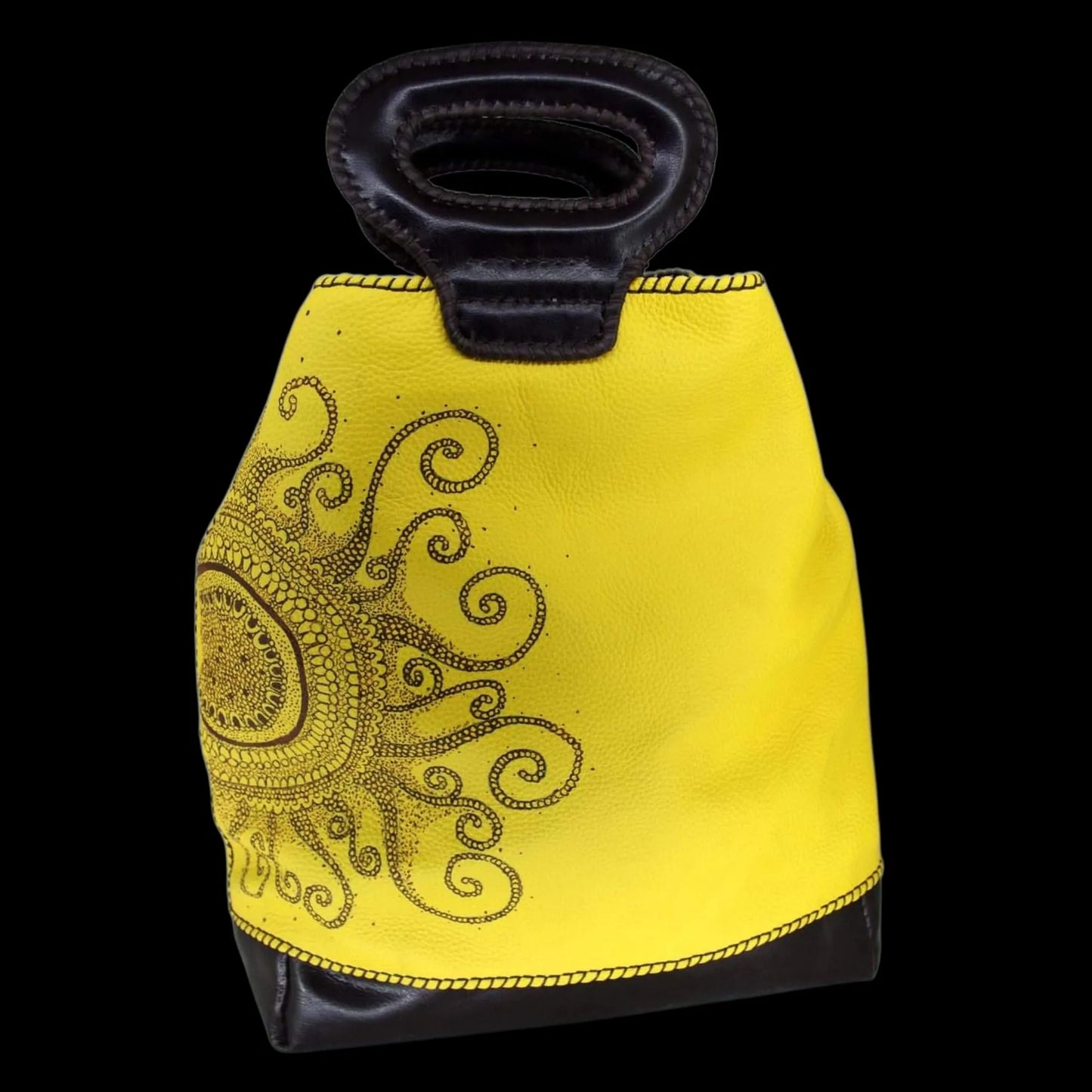 Handmade yellow leather bag with sculpted scroll decoration - AG Design, Arad, Romania